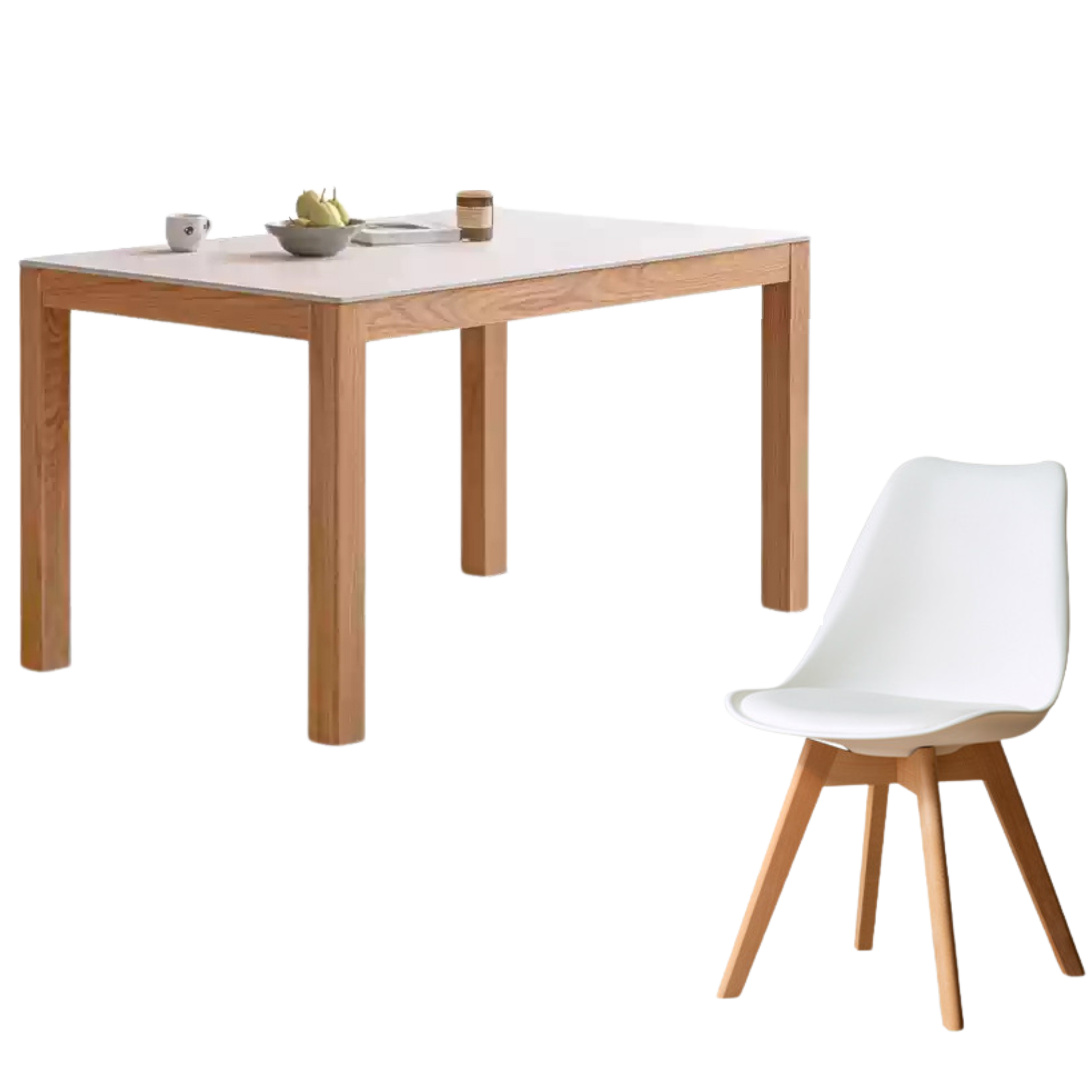 62.7x33.2x29.6 inch / 159.4x84.4x75.2 cm / Natural Wood Color / One table and six chairs chairs off-white