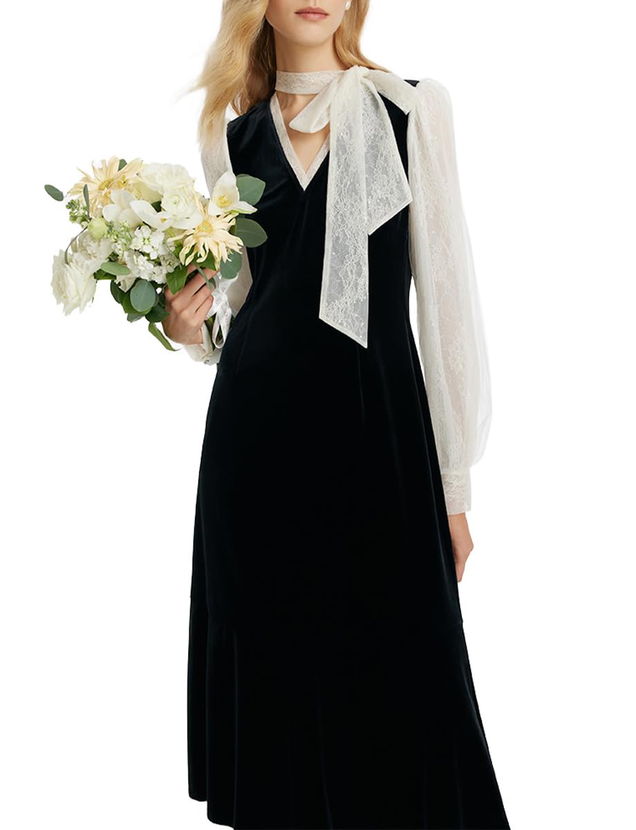 Elegant Black Formal Dress for Women - Silk & Lace Long Sleeve V-Neck Velvet Evening Gown | Perfect for Weddings, Parties, and Special Occasions