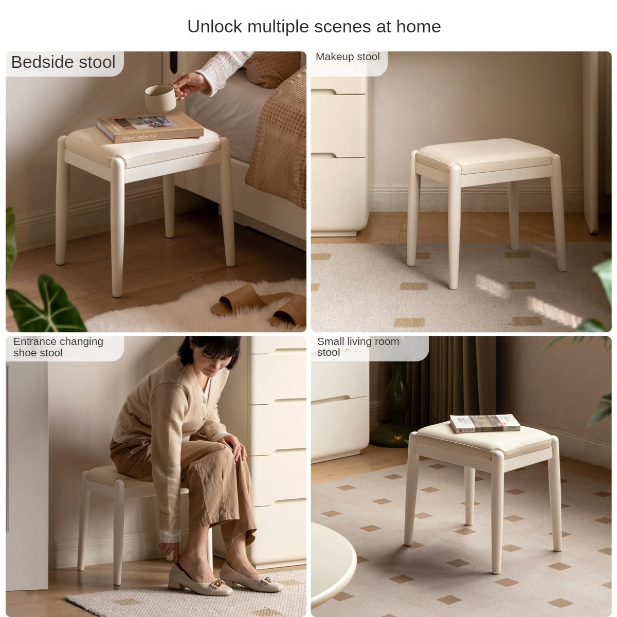 Modern White Birch Solid Wood Makeup Stool - Elegant Vanity Seat for Dressing Table, Bedroom & Bathroom - Perfect for Makeup, Hair Styling & Relaxing