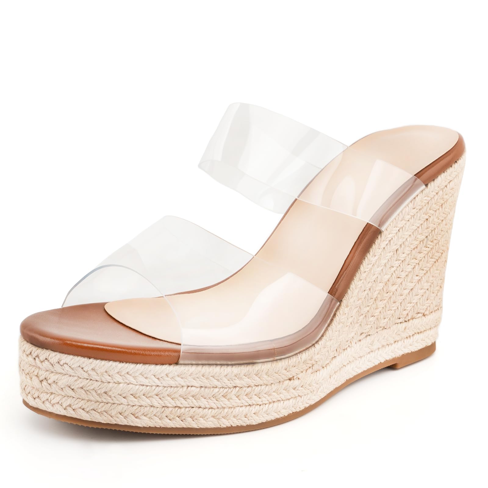 WIRALOMI Women's Clear Wedge Heel Sandals - Slip On Espadrilles Platform Slides with Crystal Details for Summer Beach & Vacation Wear