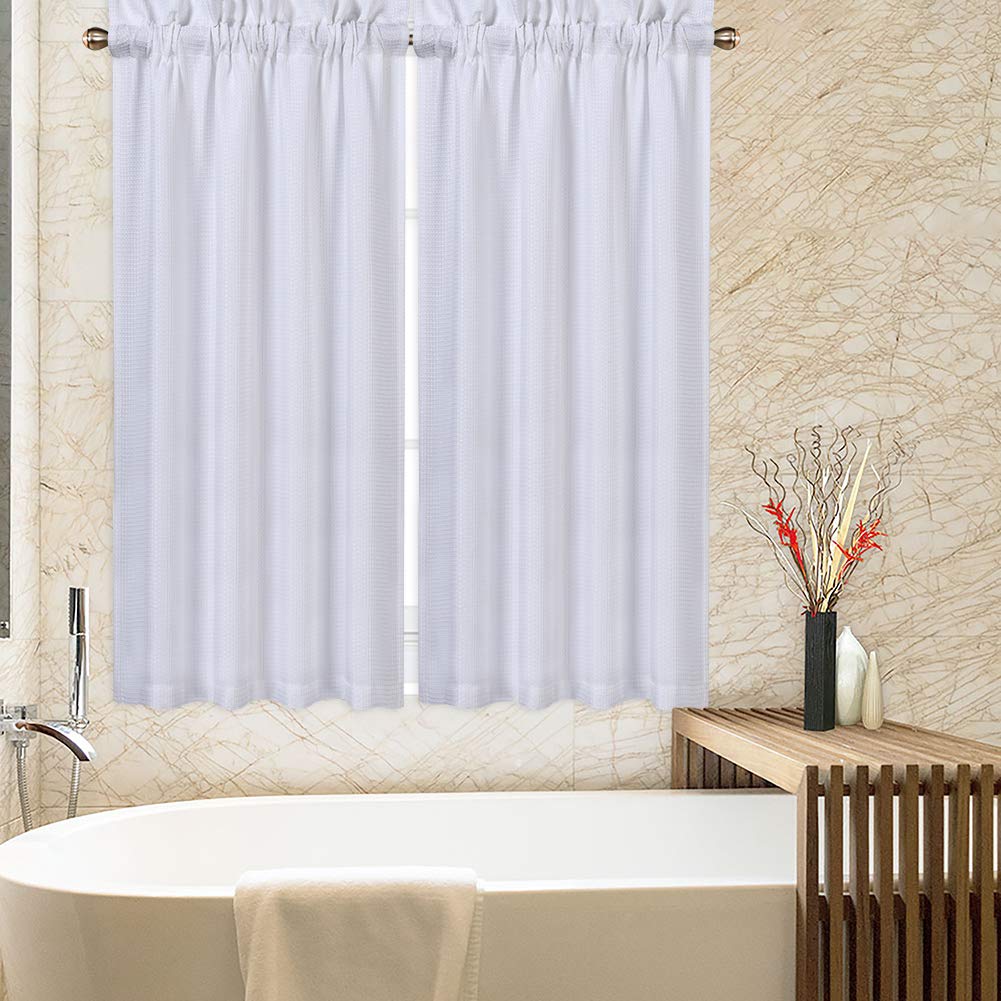 CAROMIO 45 Inch Waffle Woven Cafe Curtains - Textured Tier Window Treatment for Kitchen, Bathroom & Coffee Shop - White - Perfect for Privacy & Light Filtering in Homes and Small Businesses