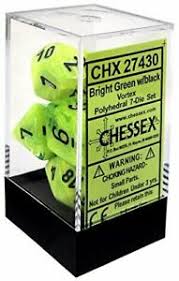 Chessex Polyhedral 7-Dice Set - Vortex Bright Green with Black Dice for D&D, RPG, and Tabletop Gaming - Perfect for Game Nights and Roleplaying Adventures