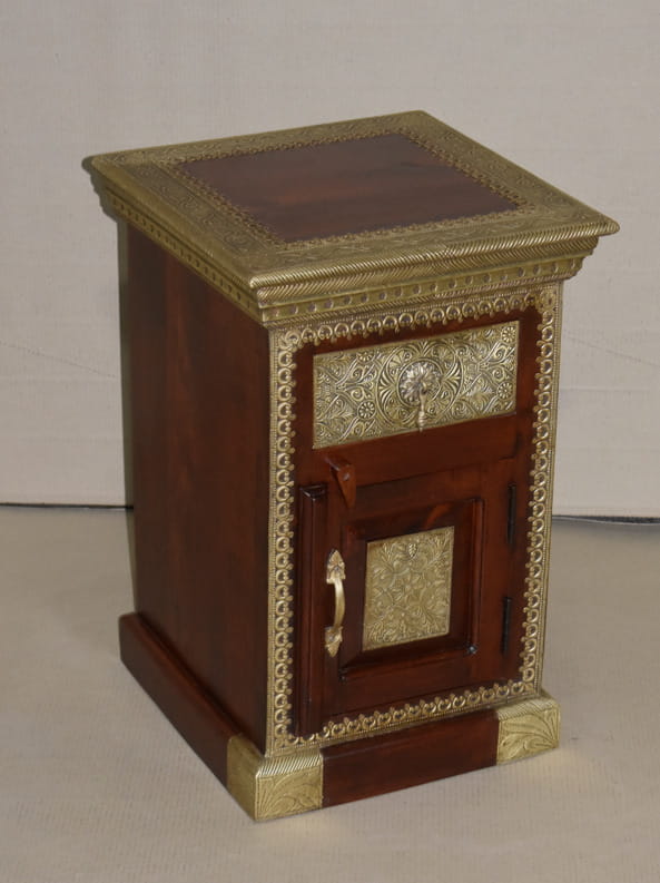 Handcrafted Embossed Brass Wooden Bedside Table with Drawers - Vintage Indian Furniture for Bedroom Decor | Nightstand with Storage for Small Spaces