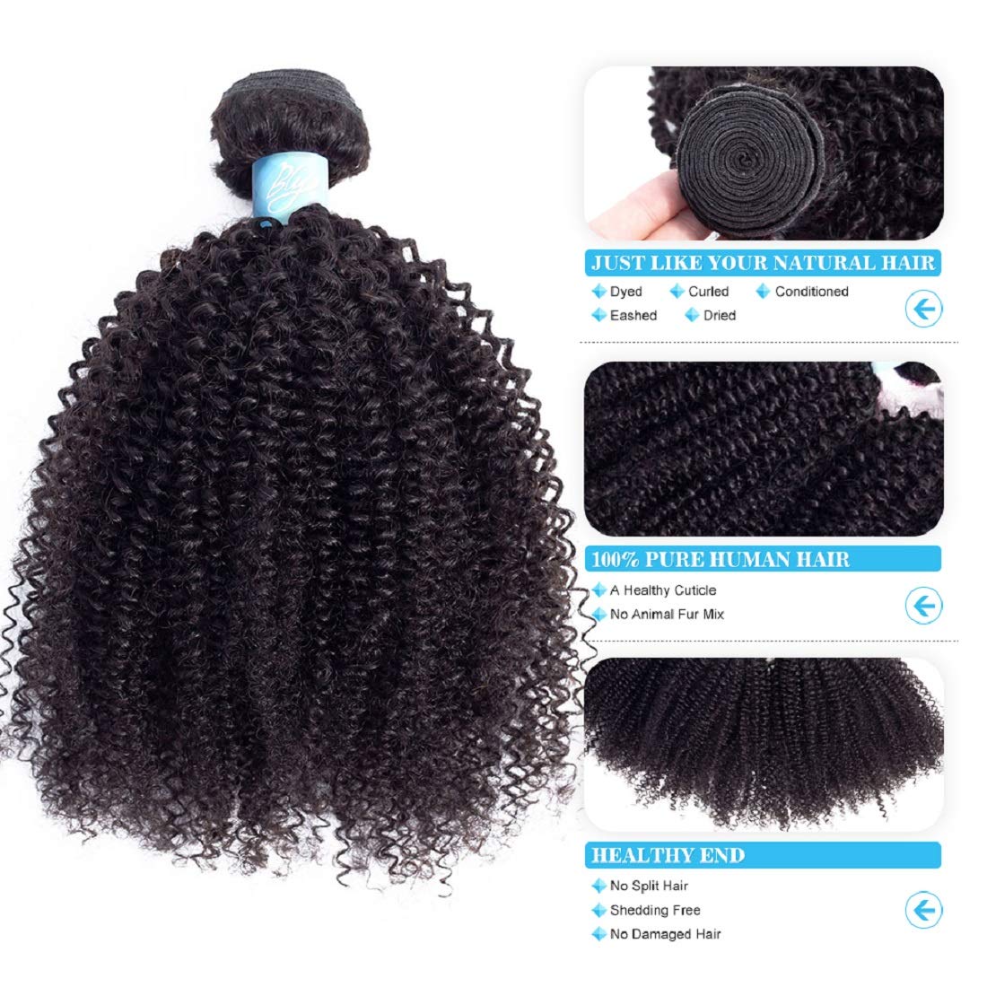 BLY 7A Mongolian Afro Kinky Curly Boho Human Hair Extensions - 3 Bundles Unprocessed Weft for African American Women (20/22/24 Inch) | Natural Black Color | Perfect for Protective Styles, Box Braids & Boho Chic Looks