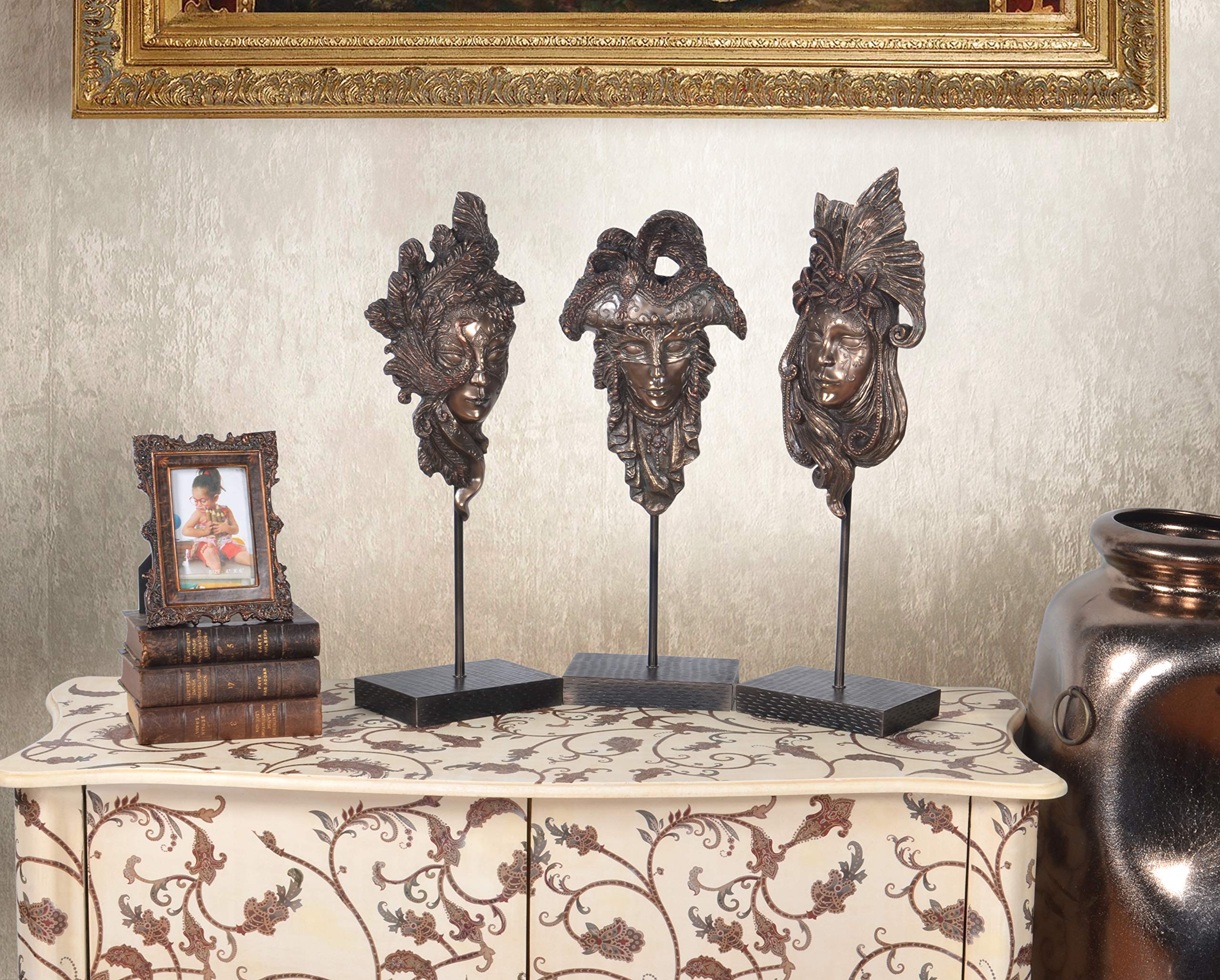 3 Piece Bronzed Mardi Gras Masks on Stand - Elegant Home Decor Sculpture Set for Wall Display, Party Decorations, and Festive Centerpieces
