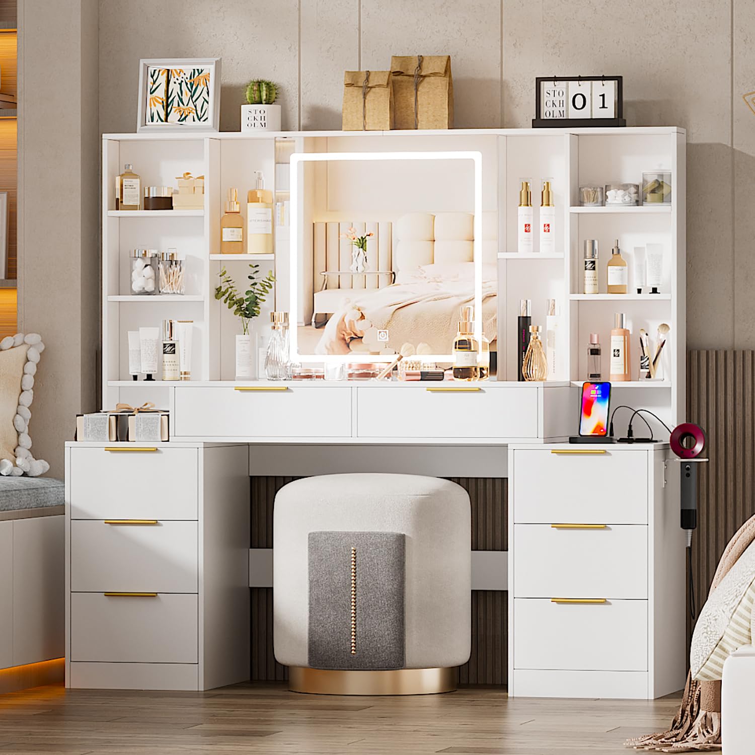Large Makeup Vanity Desk with LED Lighted Mirror & Power Outlet, Brightness Adjustable Dresser Table with 3 Lighting Modes, 5 Drawers & Shelves, Hair Dryer Stand for Bedroom, White (No Stool) - Perfect for Home Salon, Bridal Dressing & Beauty Routine