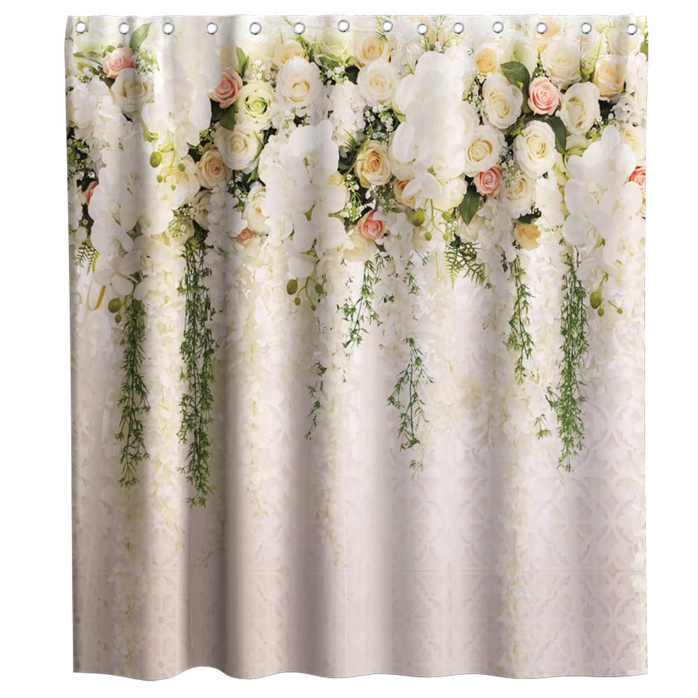 Romantic Rose Floral Shower Curtain with Ivy Design - Waterproof Fabric Bathroom Decor Set with Hooks, 72x72 Inches - Perfect for Vintage & Farmhouse Style Bathrooms