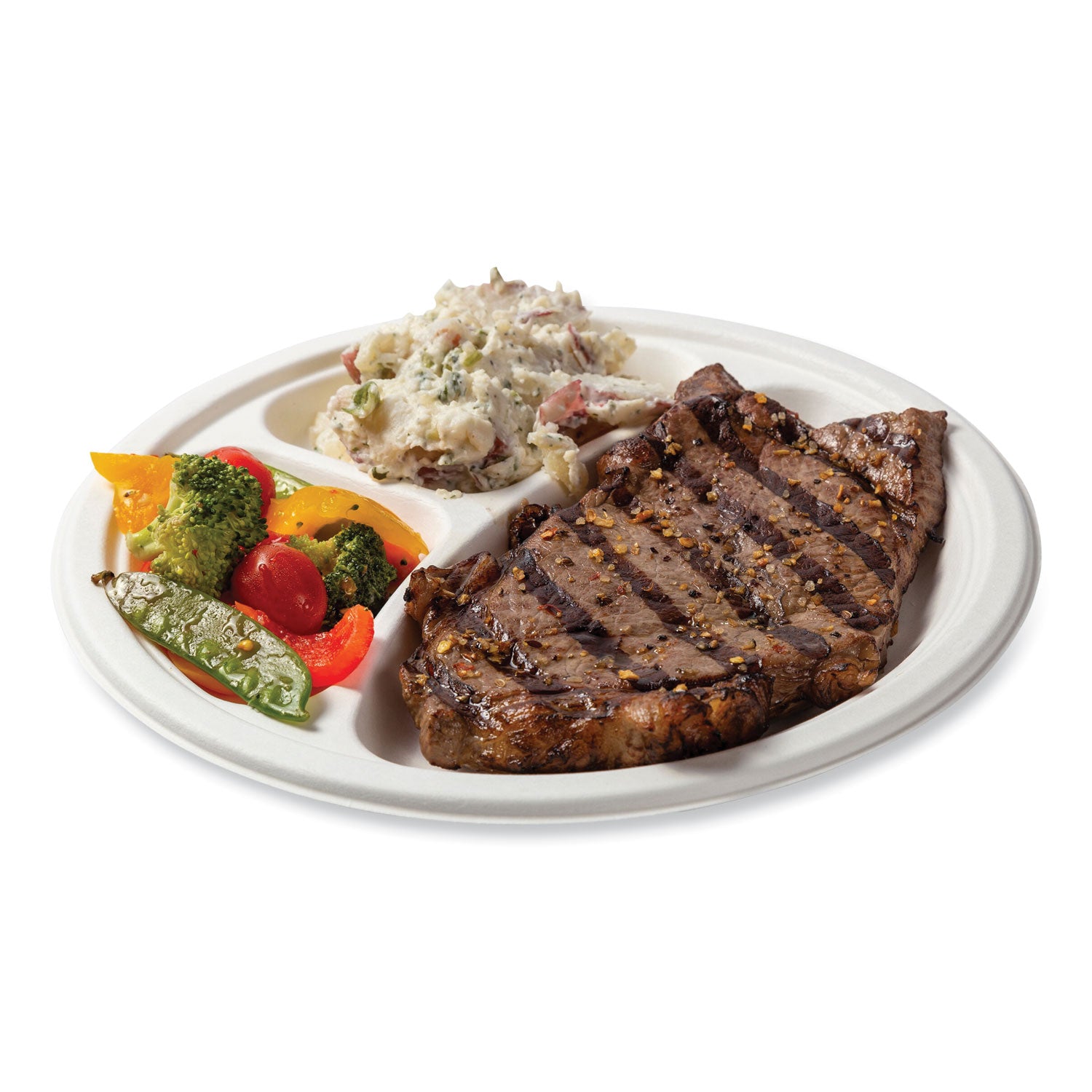 AmerCareRoyal® PFAS-Free Bagasse 3-Compartment Dinner Plates - 10.24