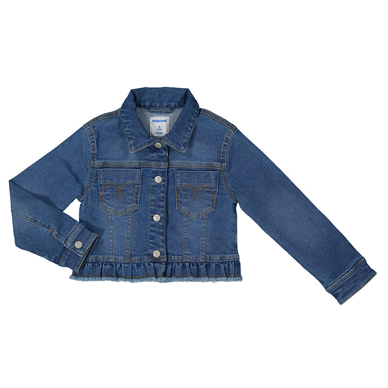 Mayoral Women's Denim Jean Jacket with Ruffle Trim - Stylish Casual Outfit for Spring & Fall | Perfect for Date Nights & Weekend Outings