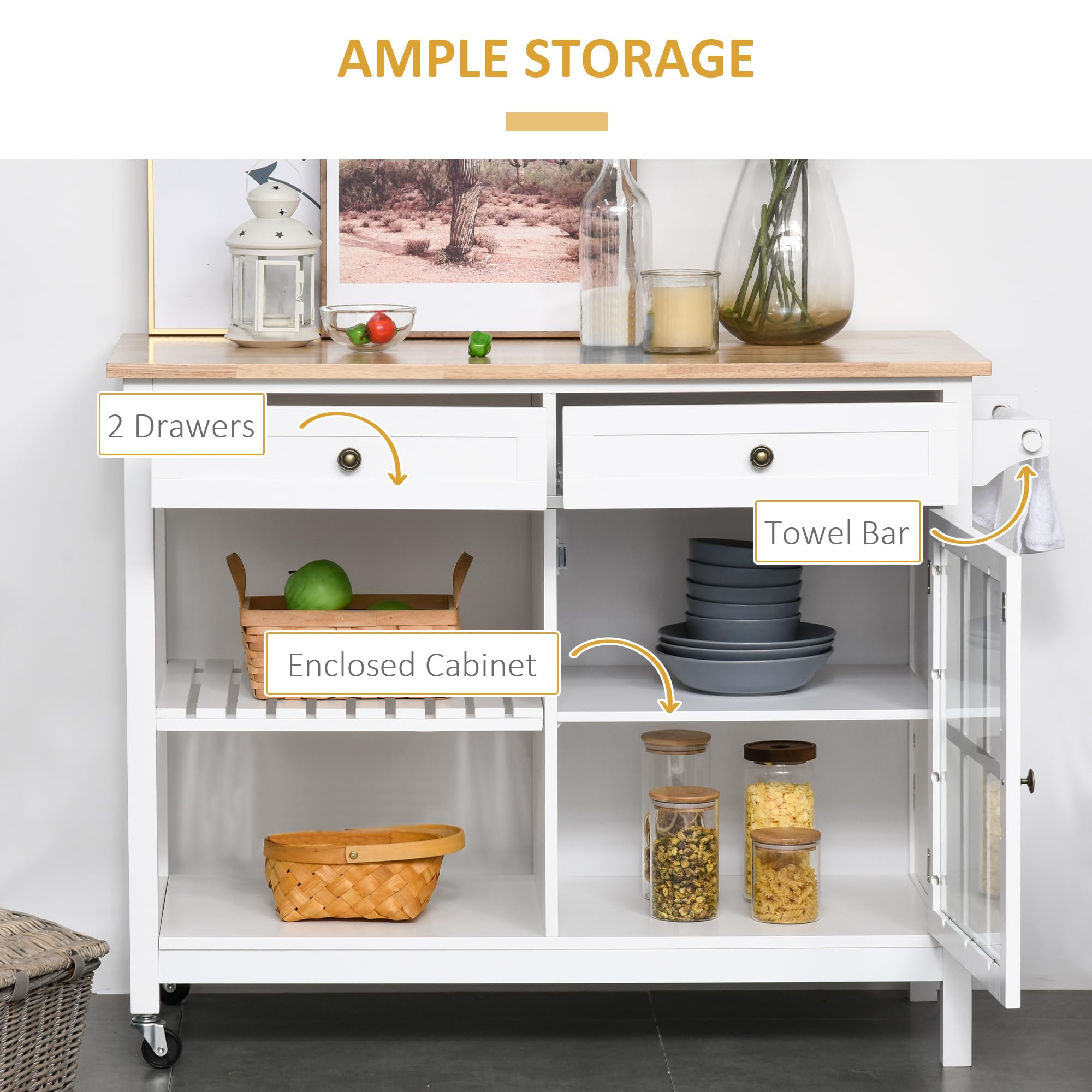 HOMCOM White Rolling Kitchen Island with Storage - Solid Wood Top, Glass Door Cabinet, Adjustable Shelf, Towel Rack & 2 Drawers - Perfect for Small Kitchen, Dining Room & Apartment Cooking Space