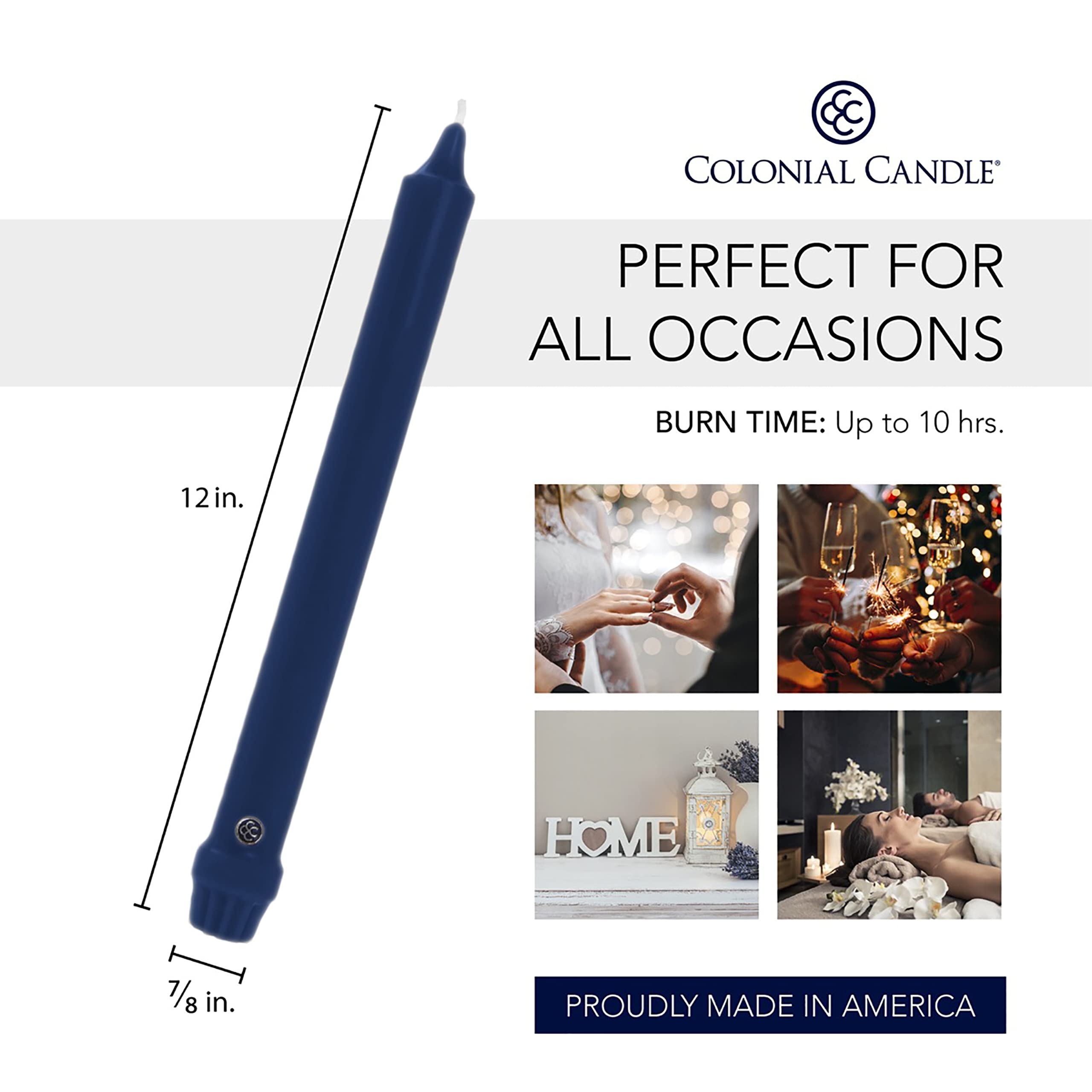 Colonial Candle Unscented Taper Candles - Classic Collection Indigo (12-Inch, Pack of 12) - 10-Hour Burn Time for Dining, Weddings & Home Decor