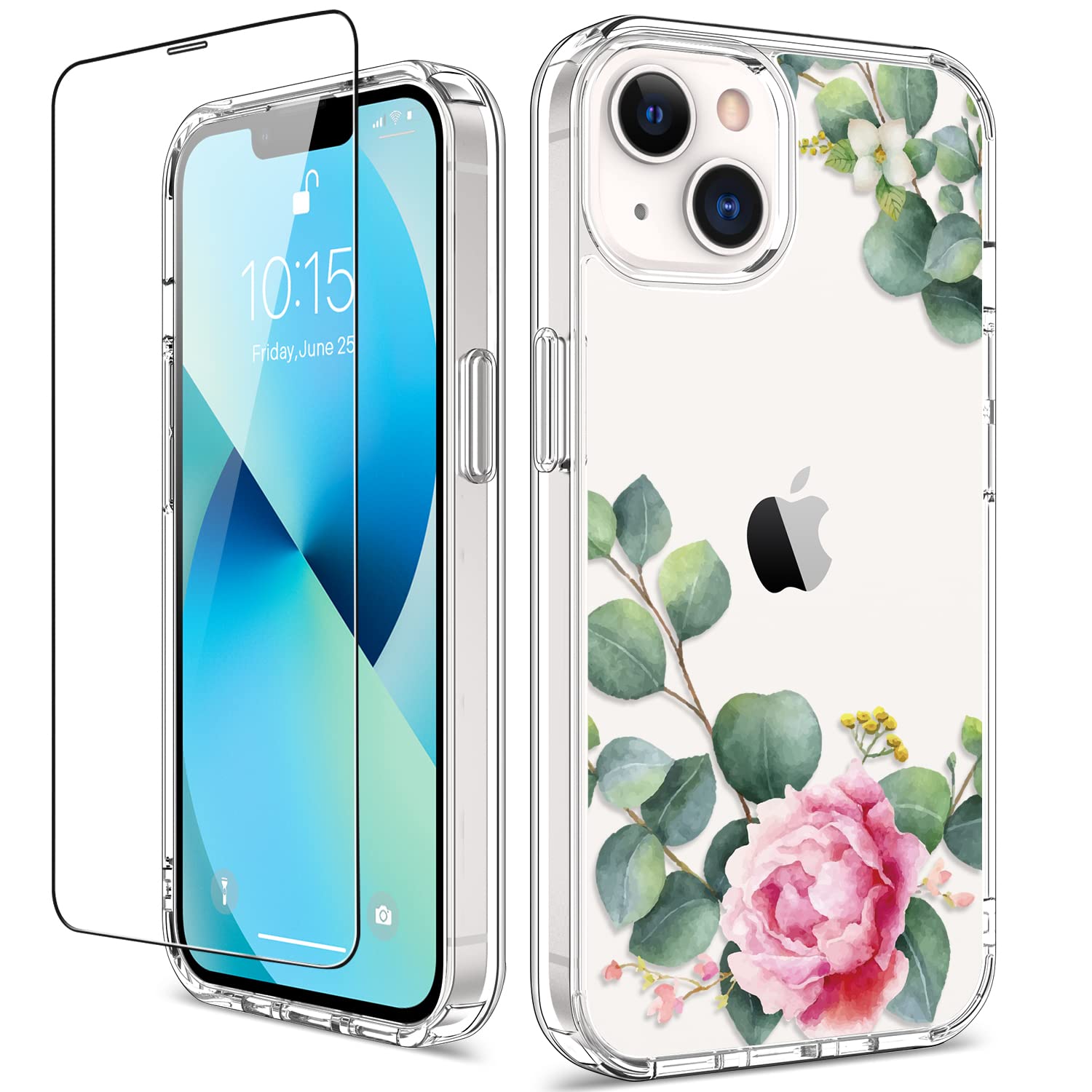 GiiKa iPhone 13 Case with Screen Protector - Clear Floral Design Shockproof Hard Case with TPU Bumper - Full Body Protection for Women & Girls - Perfect for Everyday Use, Work & Travel - Camellia Pattern