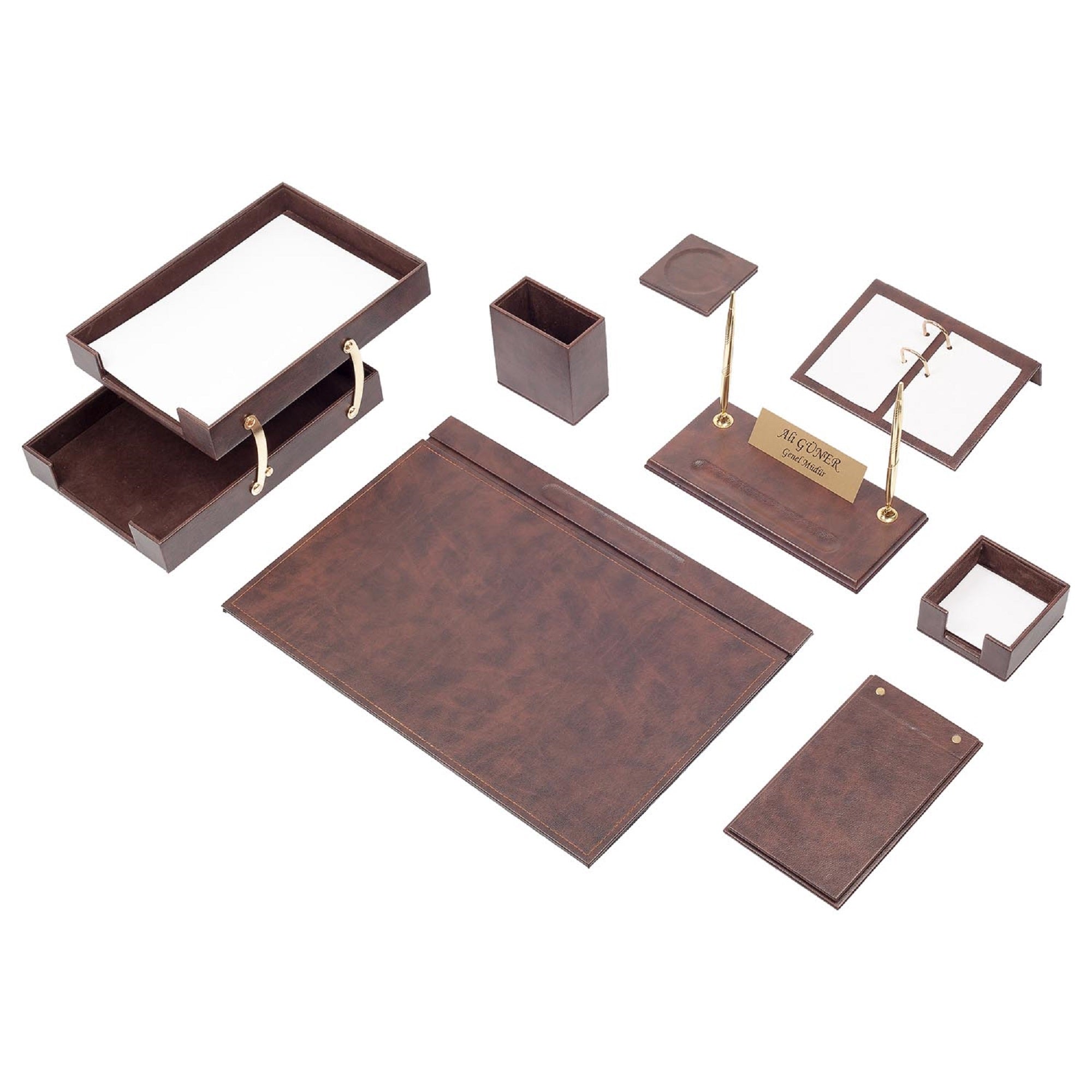 MOOG Leather Desk Set - Double Document Tray Organizer, Brown (10-Piece Set) for Office, Home & Workspace Organization | File Holder & Paper Storage Solution