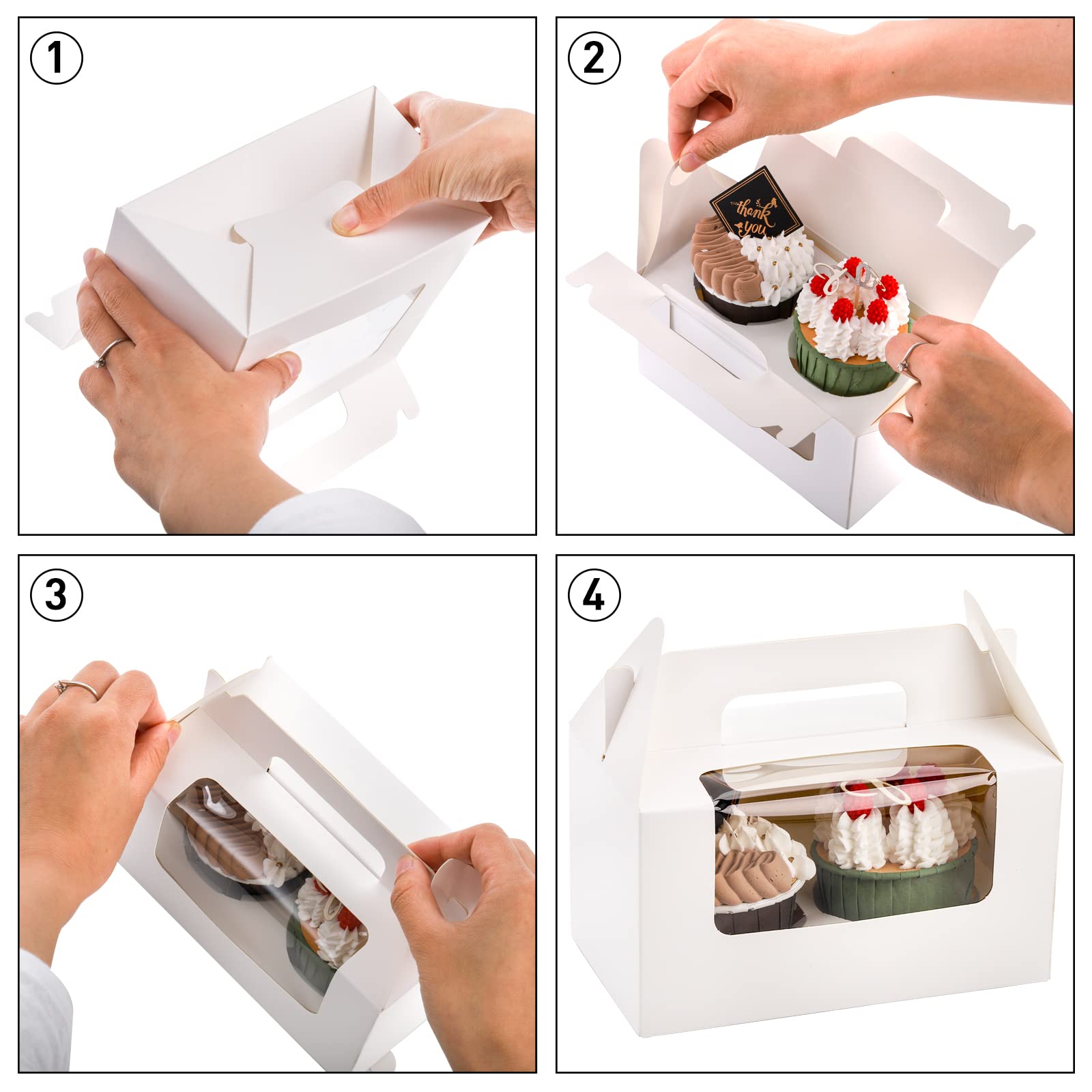 Jucoan 60 Pack White Cupcake Boxes with Insert, Handle & Window - 2 Holder Kraft Paper Bakery Containers for Cupcakes, Muffins, Pastries | Perfect for Birthday Parties, Weddings & Bakery Packaging