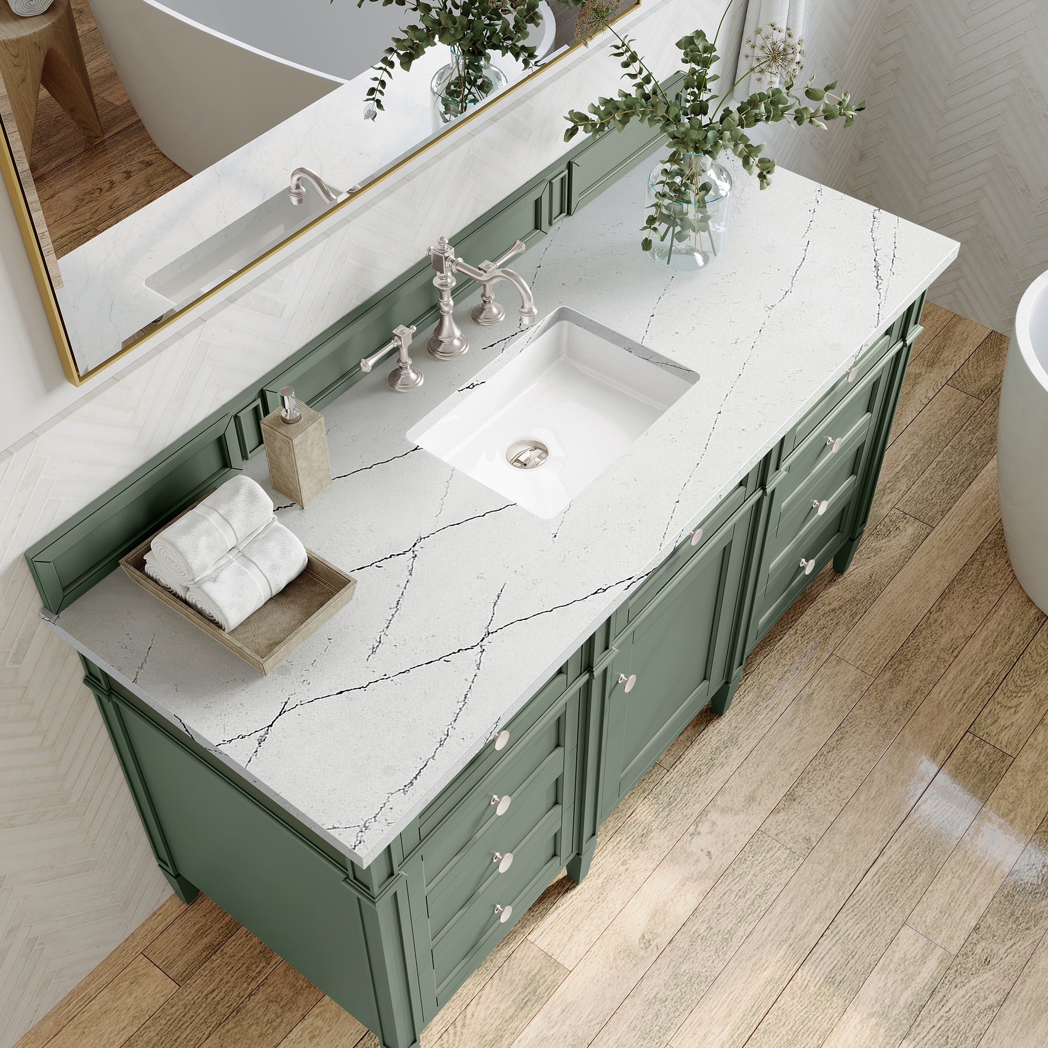 Brittany 60-Inch Single Bathroom Vanity with Smokey Celadon Finish & 3CM Ethereal Noctis Quartz Top - Perfect for Modern Master Bathrooms and Powder Rooms