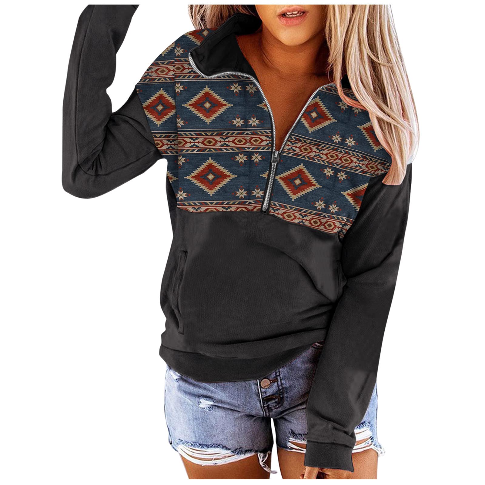 FKSESG Women's Fall Long Sleeve Pullover Sweatshirt with Cow Pocket & Zipper Collar - Relaxed Fit Casual Tops for Women | Perfect for Autumn Outfits, Layering & Daily Wear
