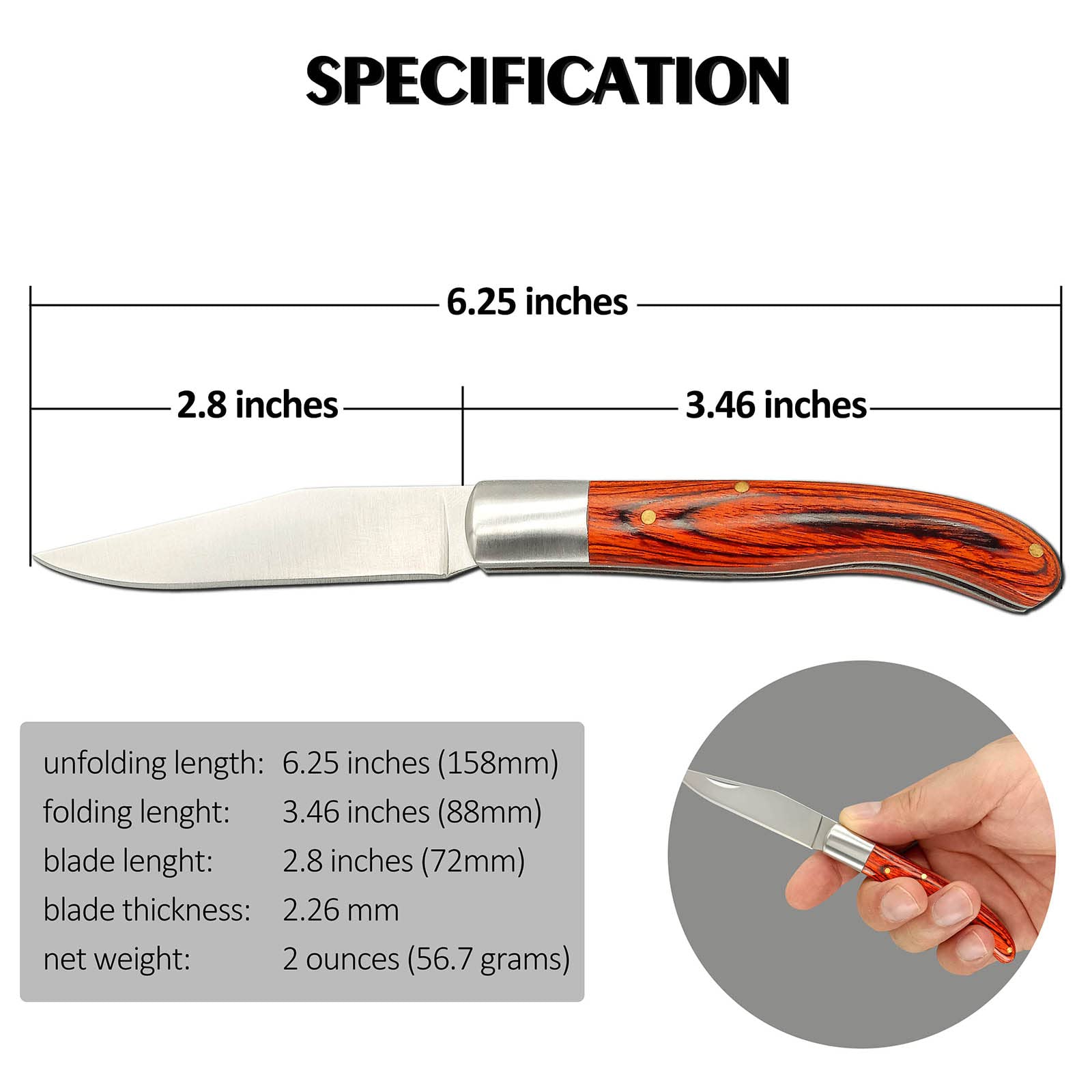 Premium Red Cherry Wood Handle Pocket Knife - 3 Inch Stainless Steel Blade, Old Timer's Traditional Barlow Folding Knife for Men & Women | Perfect EDC, Camping, Hiking & Everyday Carry