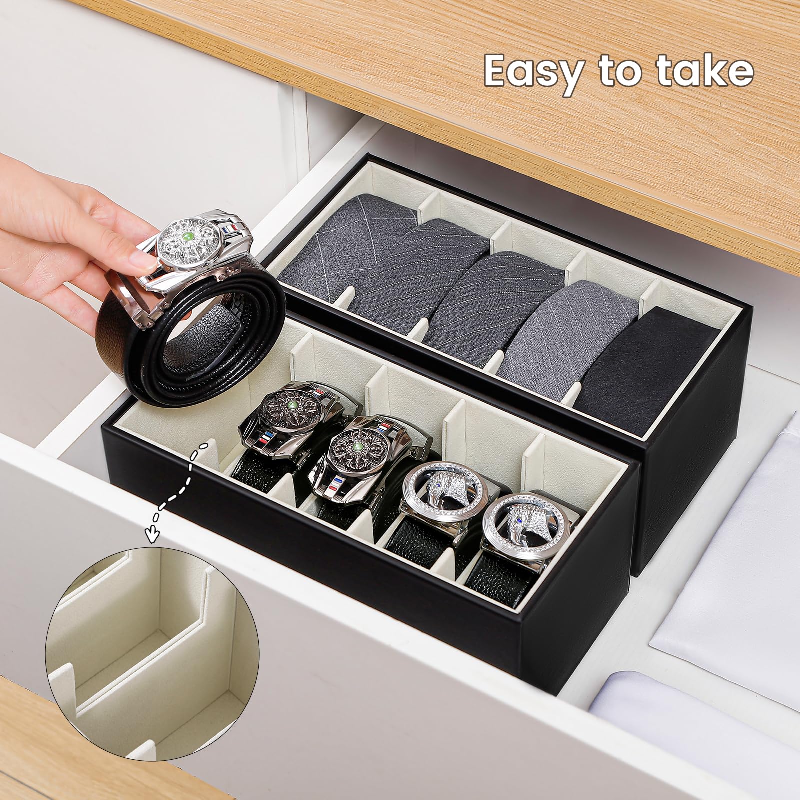 2 Packs PU Leather Belt Organizer - 5 Grids Belt Holder for Men's Closet & Drawer Storage - Black Belt Tie Organizer for Home & Travel Use