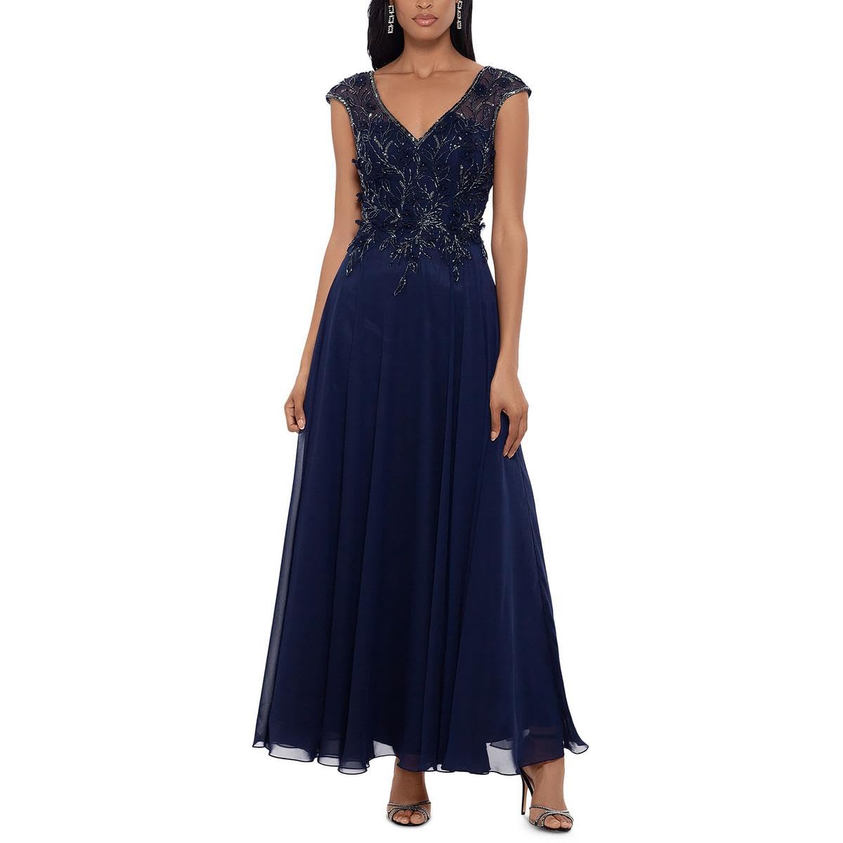 Xscape Women's Mesh Embellished Evening Dress Navy Blue Size 8 - Perfect for Cocktail Parties, Weddings & Formal Events
