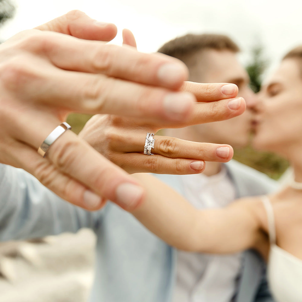 Twist Princess Cut Moissanite Engagement & Wedding Ring Set for Couples - Matching His & Hers Bands for Proposals, Anniversaries & Romantic Occasions