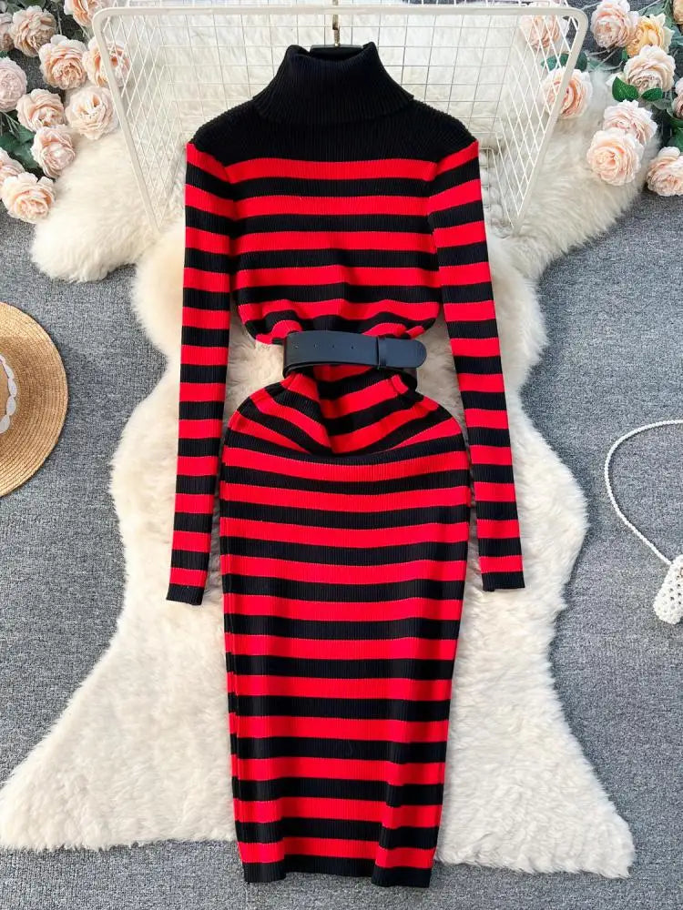 Women's French Style Autumn Winter Patchwork Stripe Knit Long Dress - Medium Length High Neck Warm Loose Slim Sweater Dress for Casual Outings & Holiday Parties