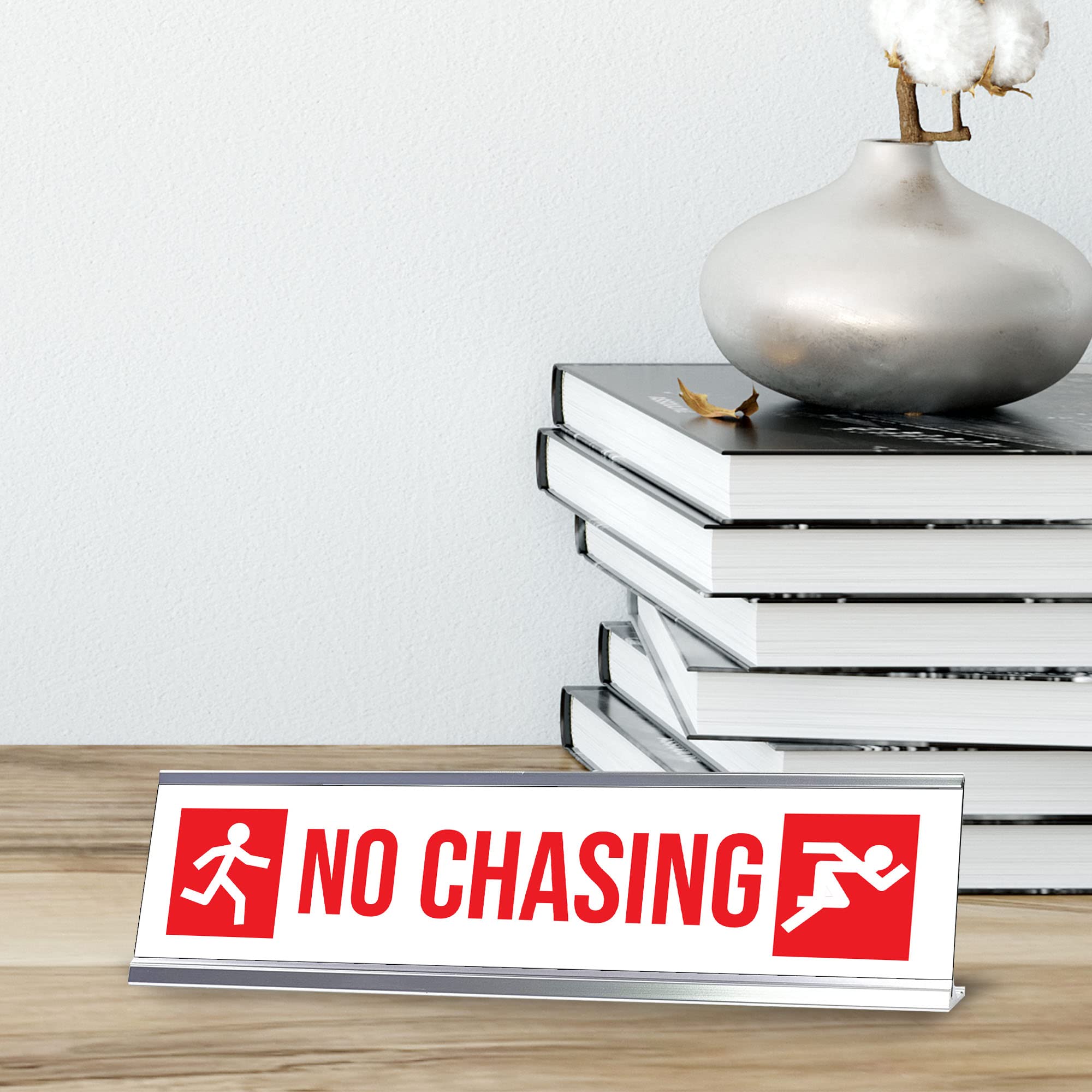 2x8 Inch Silver Frame Desk Sign - No Chasing Run Motivational Office Decor for Work Desk, Home Office & Gifts