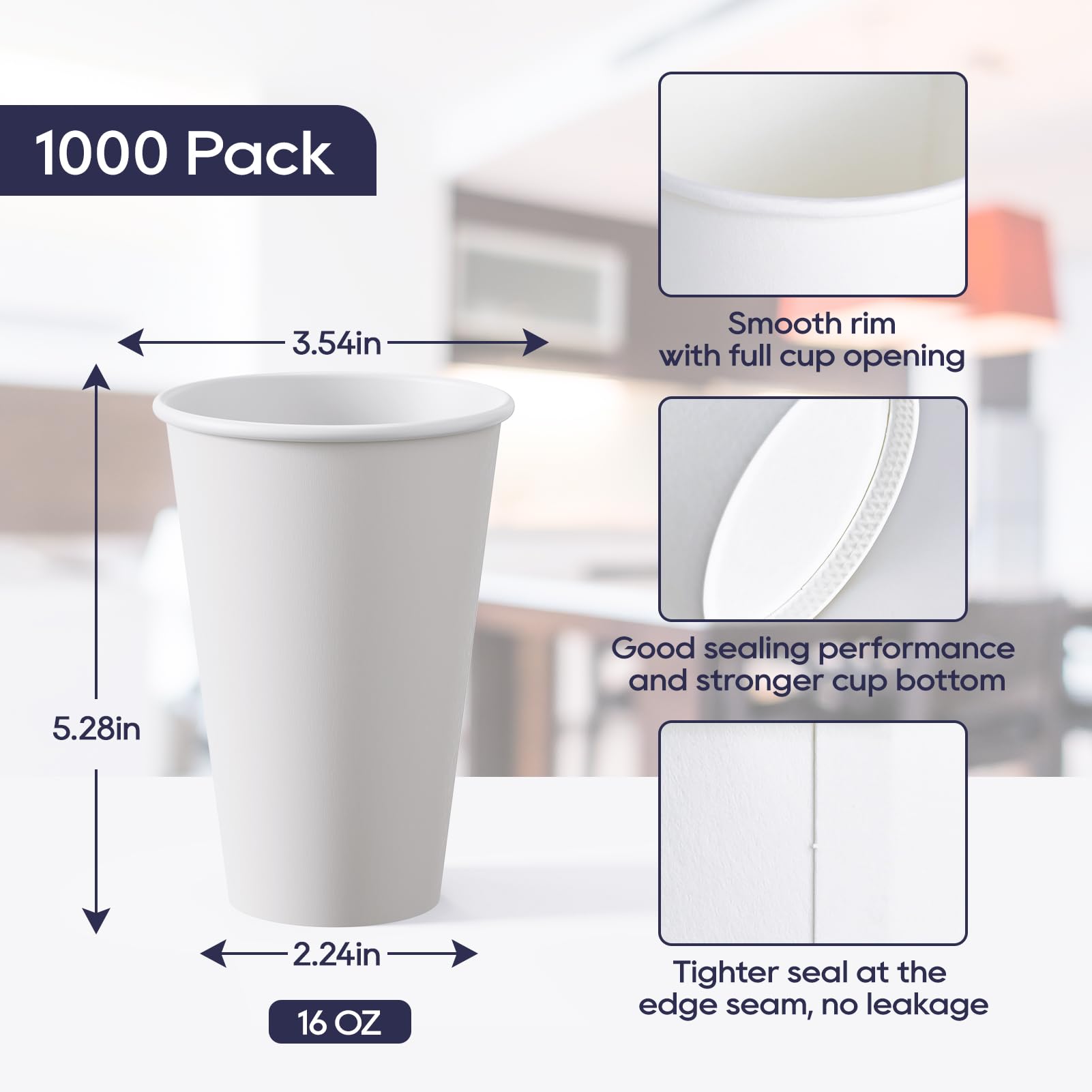 LITOPAK 1000 Pack 16 oz Disposable Paper Coffee Cups - White Hot Drink Cups for Office, School, Cafe & Restaurant Use - Perfect for Coffee, Tea & Hot Beverages