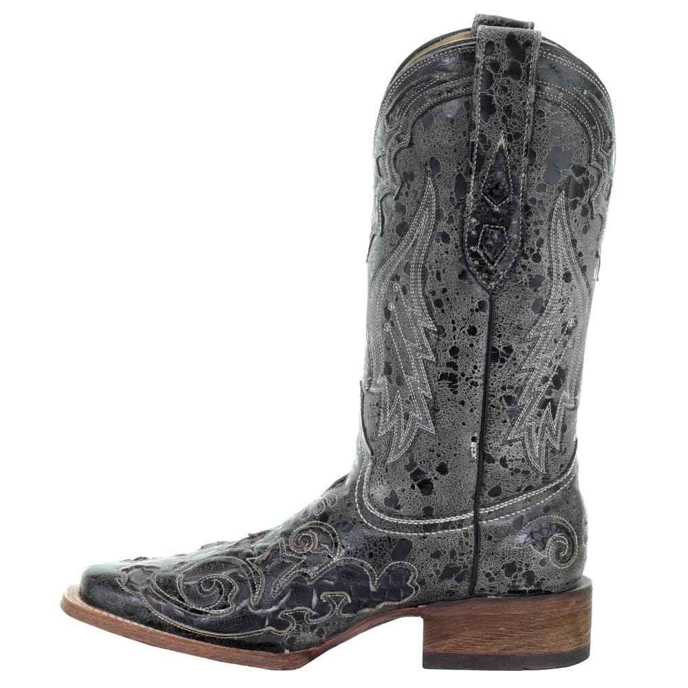 **Distressed Embroidered Square Toe Women's Corral Boots – Black & Grey Mid Calf Dress Boots with 1-2