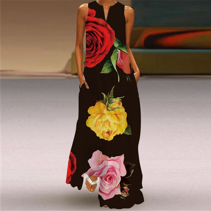 Stylish Women's Floral Print Hollow V-Neck Maxi Dress - Sleeveless Loose Fit Summer Beach Dress for Vacation, Seaside Outings & Boho Chic Occasions