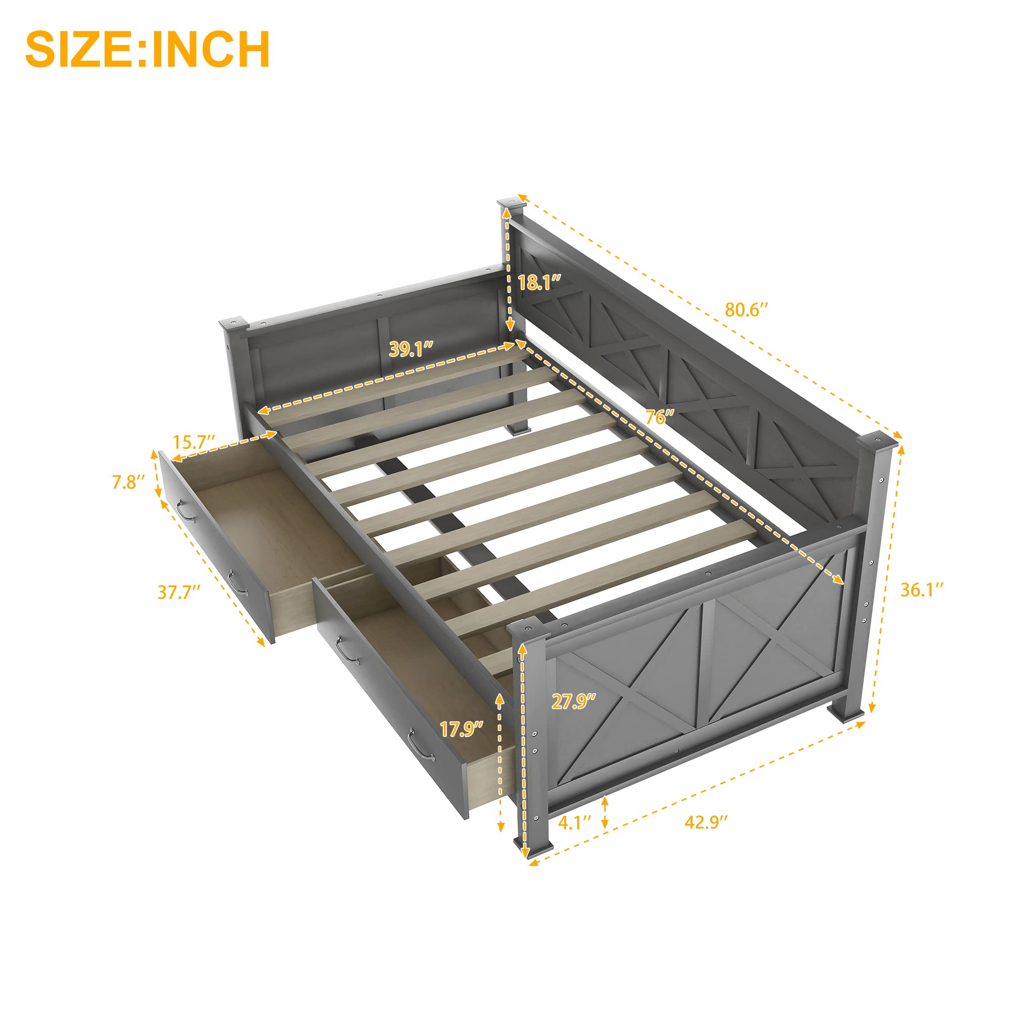 Twin Daybed with Storage Drawers, X-Frame Sofa Bed for Bedroom & Living Room - Grey