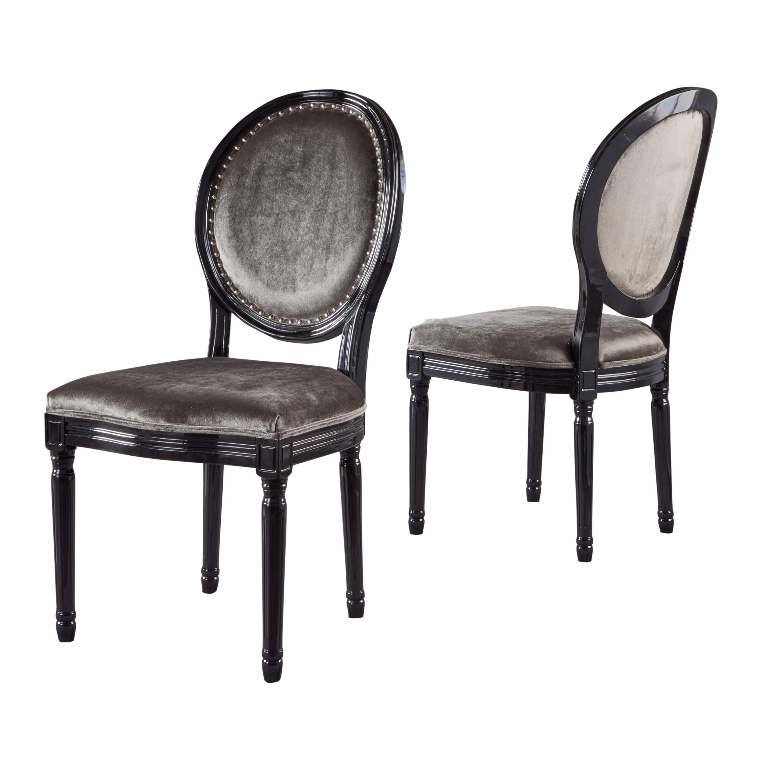 Christopher Knight Home Leroy Traditional Velvet Dining Chairs with Gloss Black Legs, Set of 2, Grey & Black - Elegant Seating for Formal Dining Rooms, Kitchen Tables & Home Offices