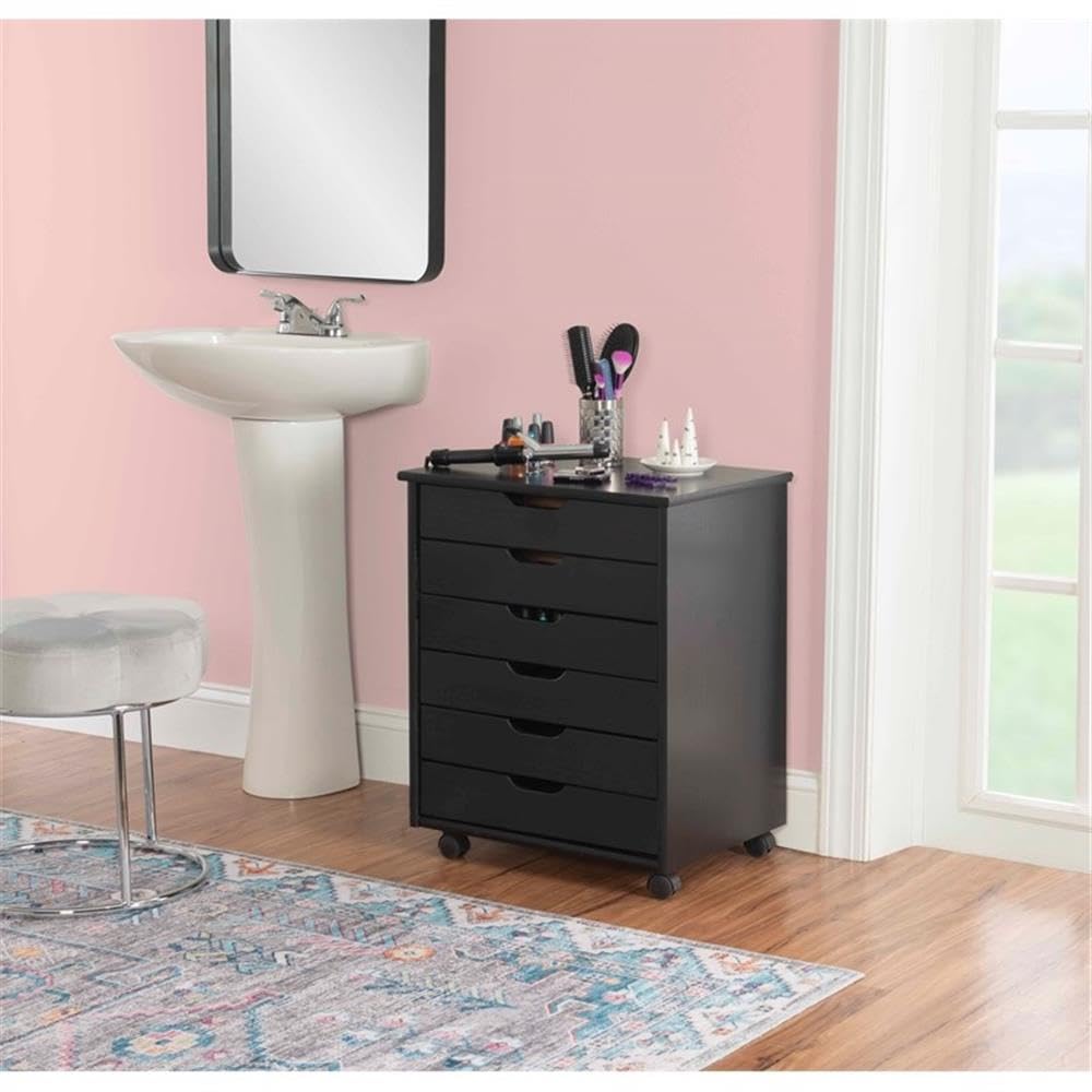 Black 6-Drawer Wooden Rolling Storage Cart with Wheels - Organizer for Bedroom, Closet, Office & Kitchen - Mobile Storage Solution for Home & Office