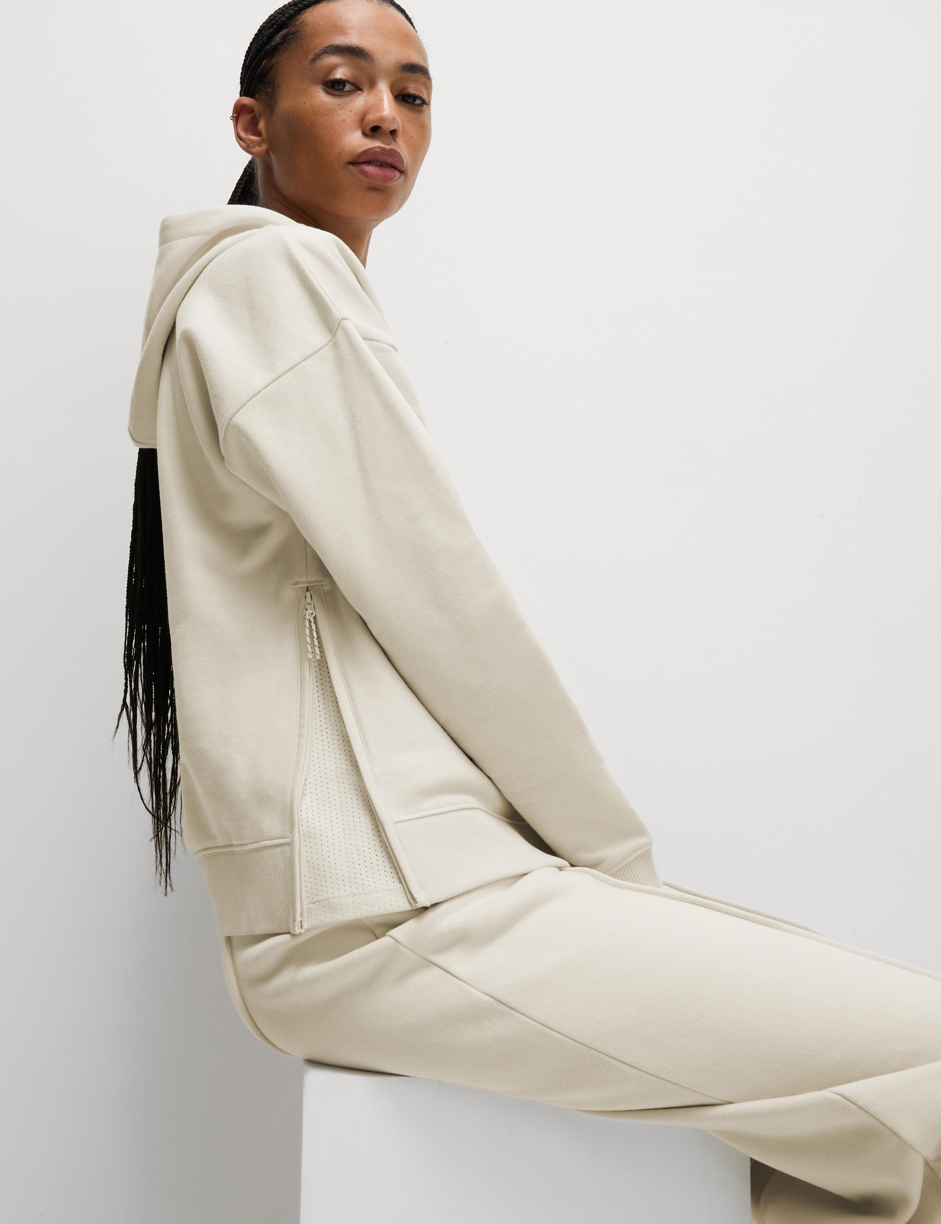 Breathable Cotton Rich Mesh Panel Relaxed Hoodie for Men & Women - Comfortable Casual Wear in Ivory | Perfect for Gym, Lounge & Outdoor Activities