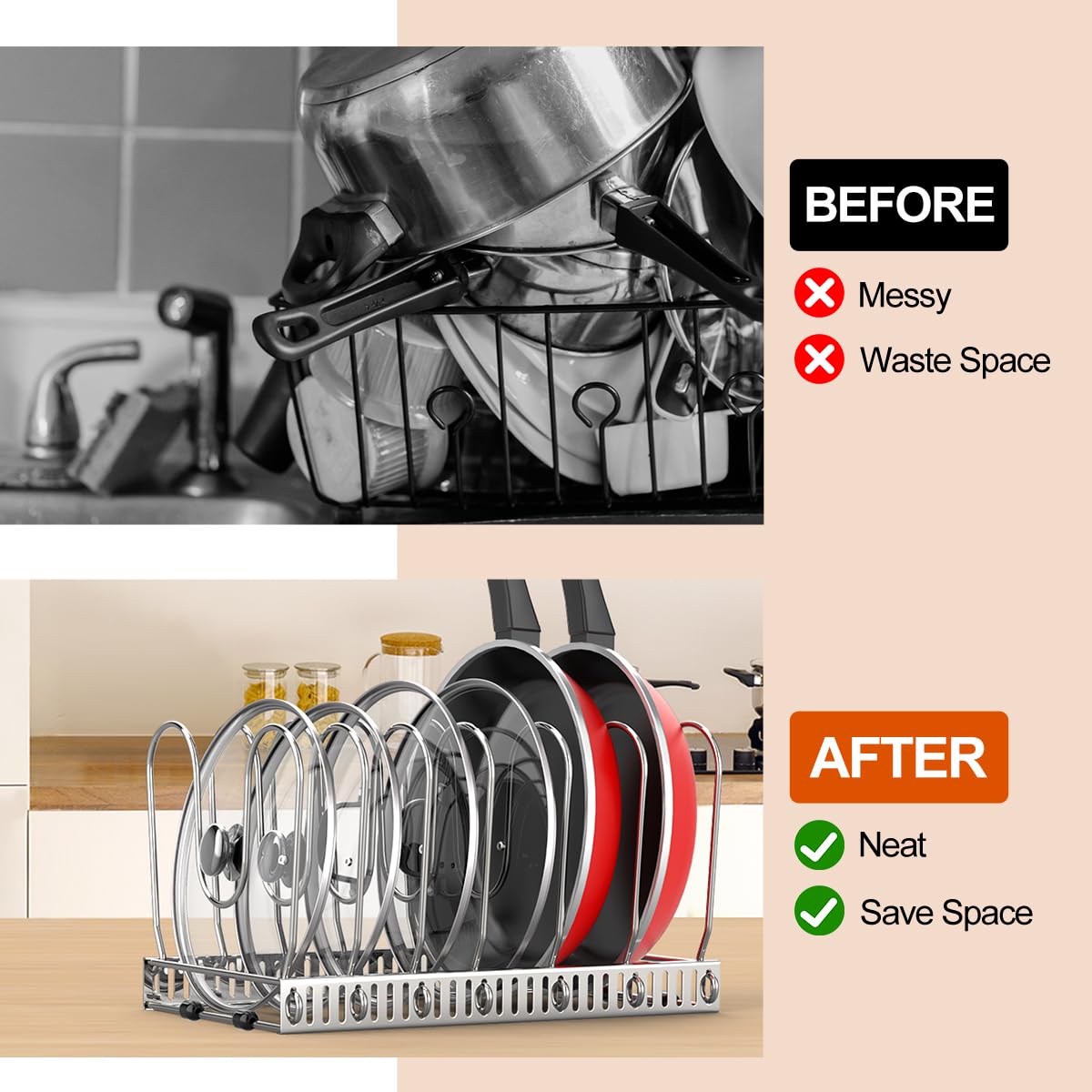 Stainless Steel Pot and Pan Organizer Rack for Kitchen Cabinet - 7 Adjustable Dividers for Pots, Pans & Lids Storage - Space Saving Cabinet Organizer for Cookware (Silver) | Perfect for Small Kitchens, RV Cooking & Organized Pantries