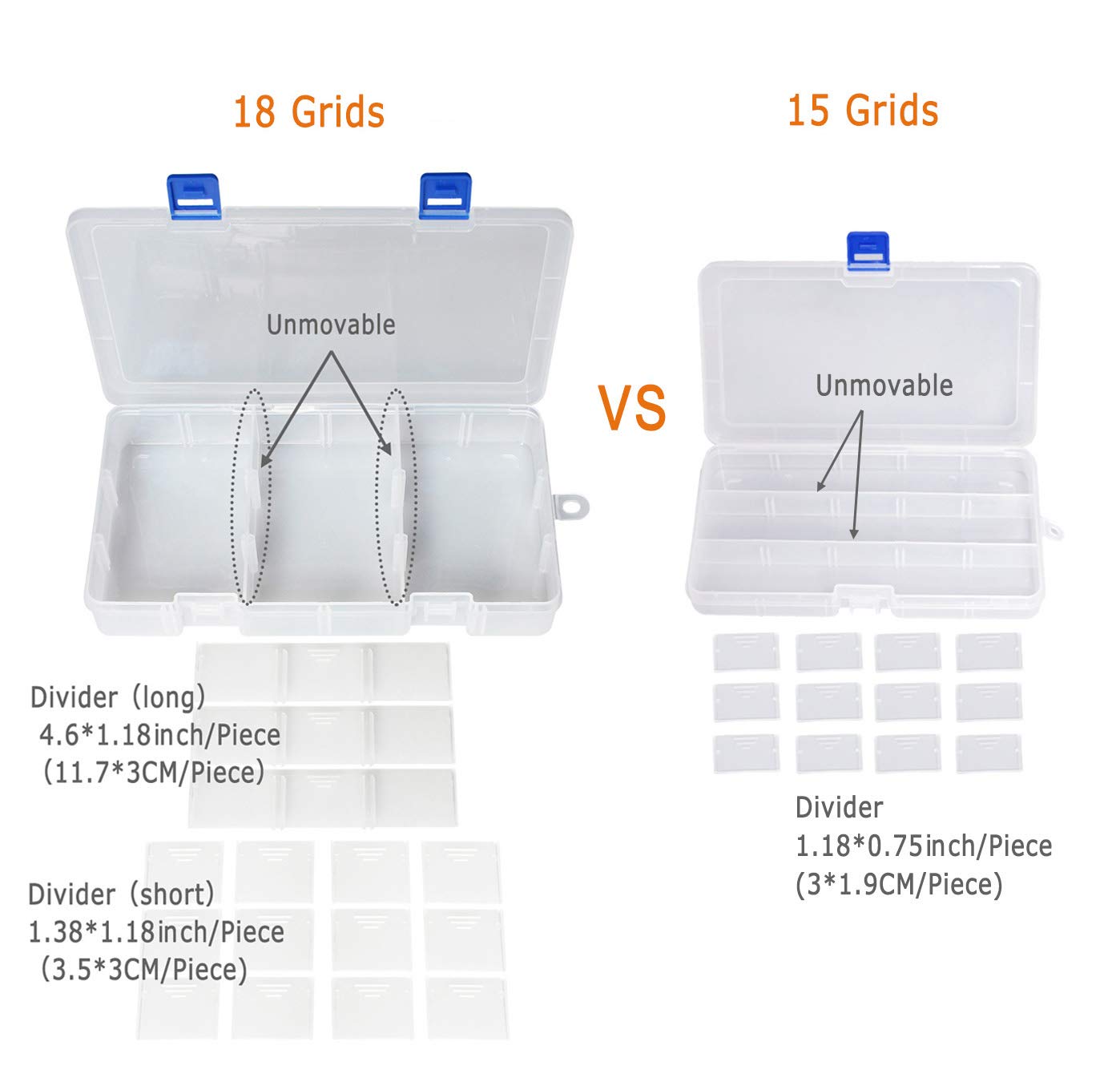 Qualsen Clear Plastic Storage Box with Adjustable Dividers - 18 Grid x 2 Compartment Craft & Tackle Organizer for Beads, Fishing Gear, Office Supplies & DIY Projects