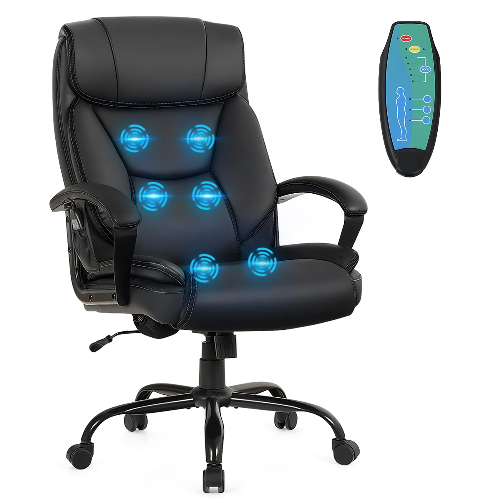 POWERSTONE Big and Tall Office Chair 500lbs Capacity - Ergonomic PU Leather Executive Chair with Massage, Wide Seat & High Back - Adjustable Swivel Rolling Computer Chair for Home Office, Gaming, and Workspaces