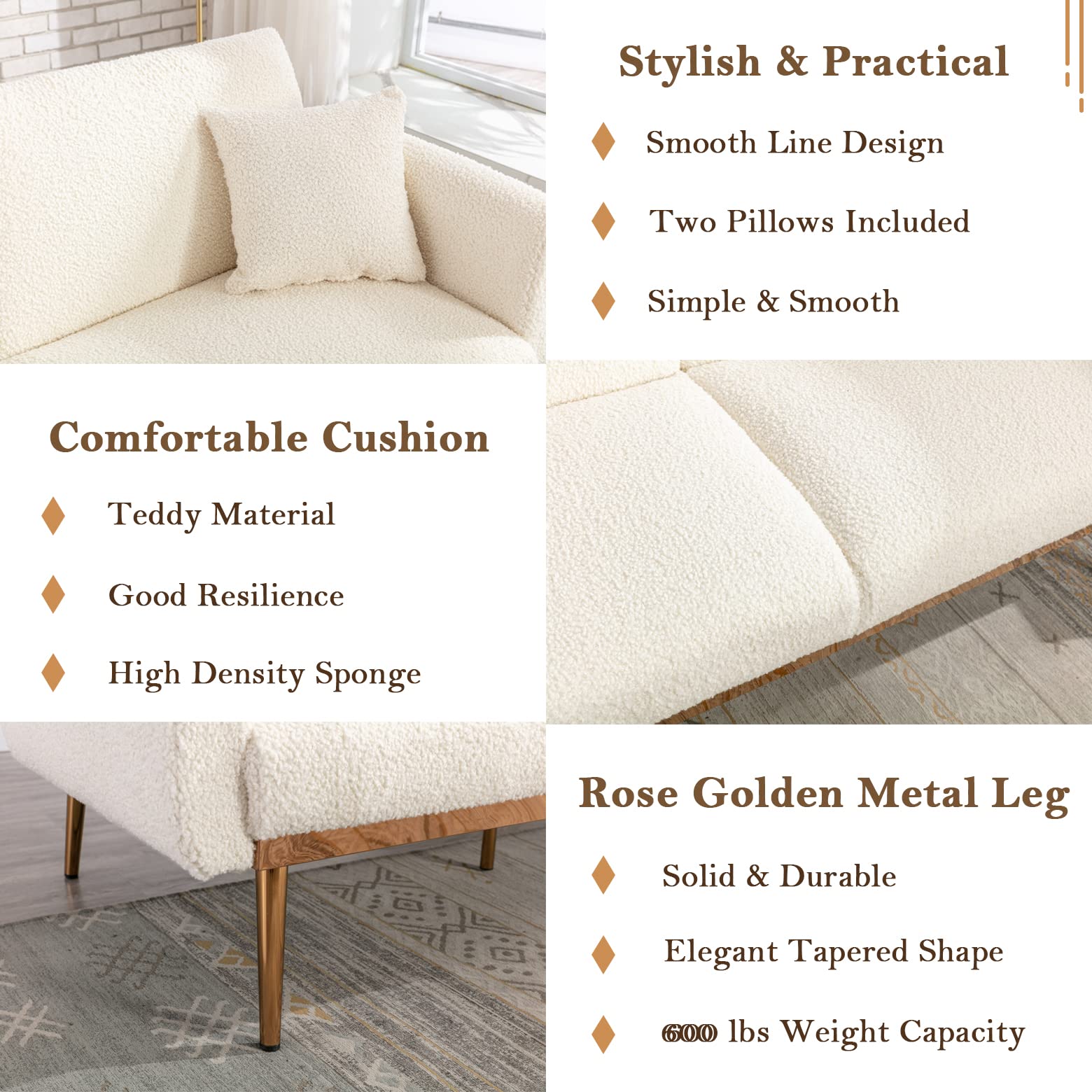 Antetek 3-Position Adjustable Futon Sofa Bed - Modern Upholstered Convertible Loveseat with 5 Metal Tapered Legs & 2 Decorative Pillows, Ivory Teddy Fabric - Perfect for Small Spaces, Guest Rooms & Studio Apartments