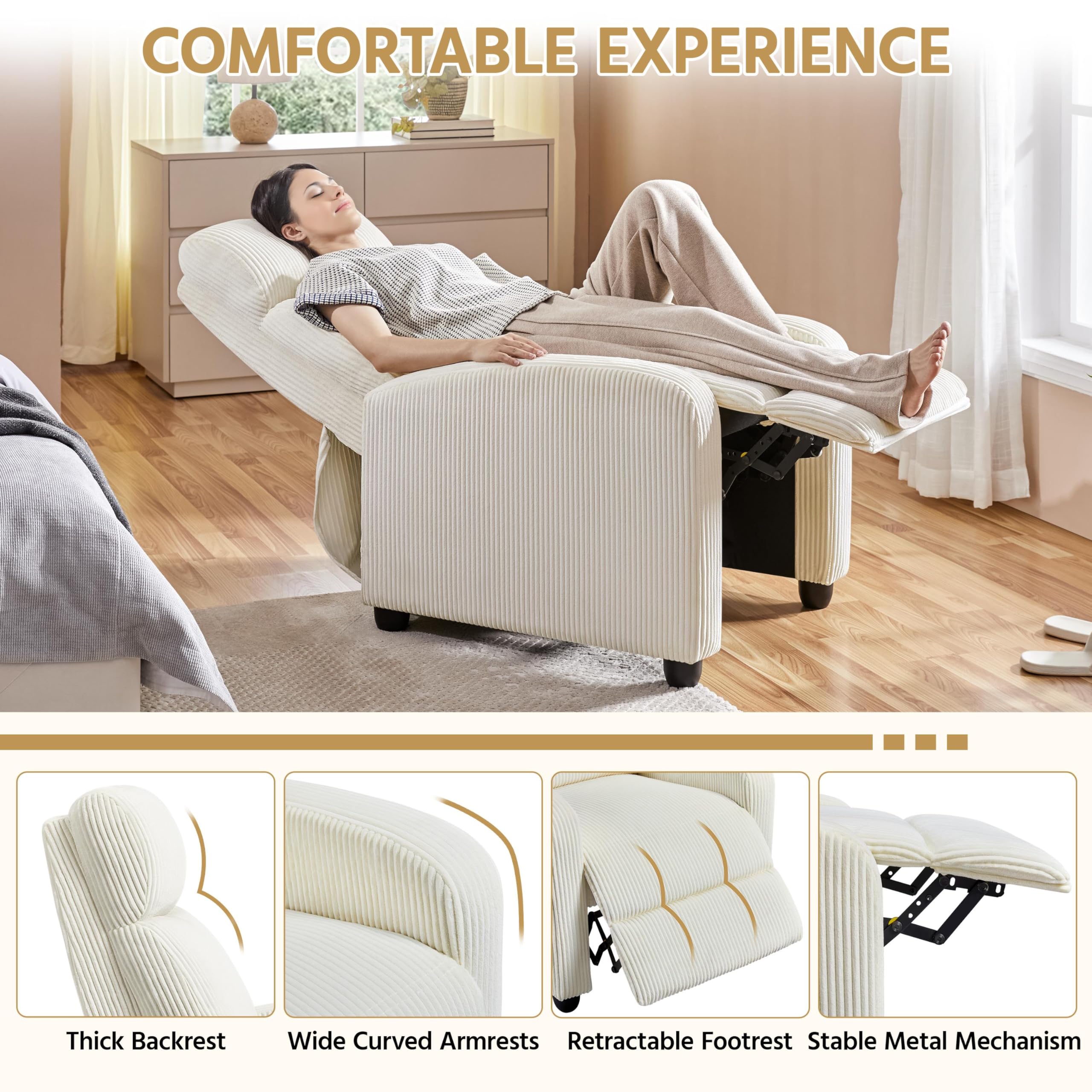 Yaheetech Modern Adjustable Recliner Chair - Single Sofa with Corduroy Upholstery for Living Room, Bedroom & Home Theater - Comfortable Reclining Lounge Chair in Beige | Perfect for Relaxing, Watching TV & Napping