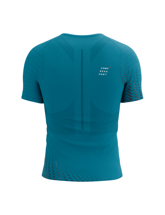 Compressport Men's Running Shirt - Breathable Performance Short Sleeve T-Shirt for Marathon & Training - Mosaic Blue/Magnet - Ideal for Road Racing, Gym Workouts & Outdoor Sports