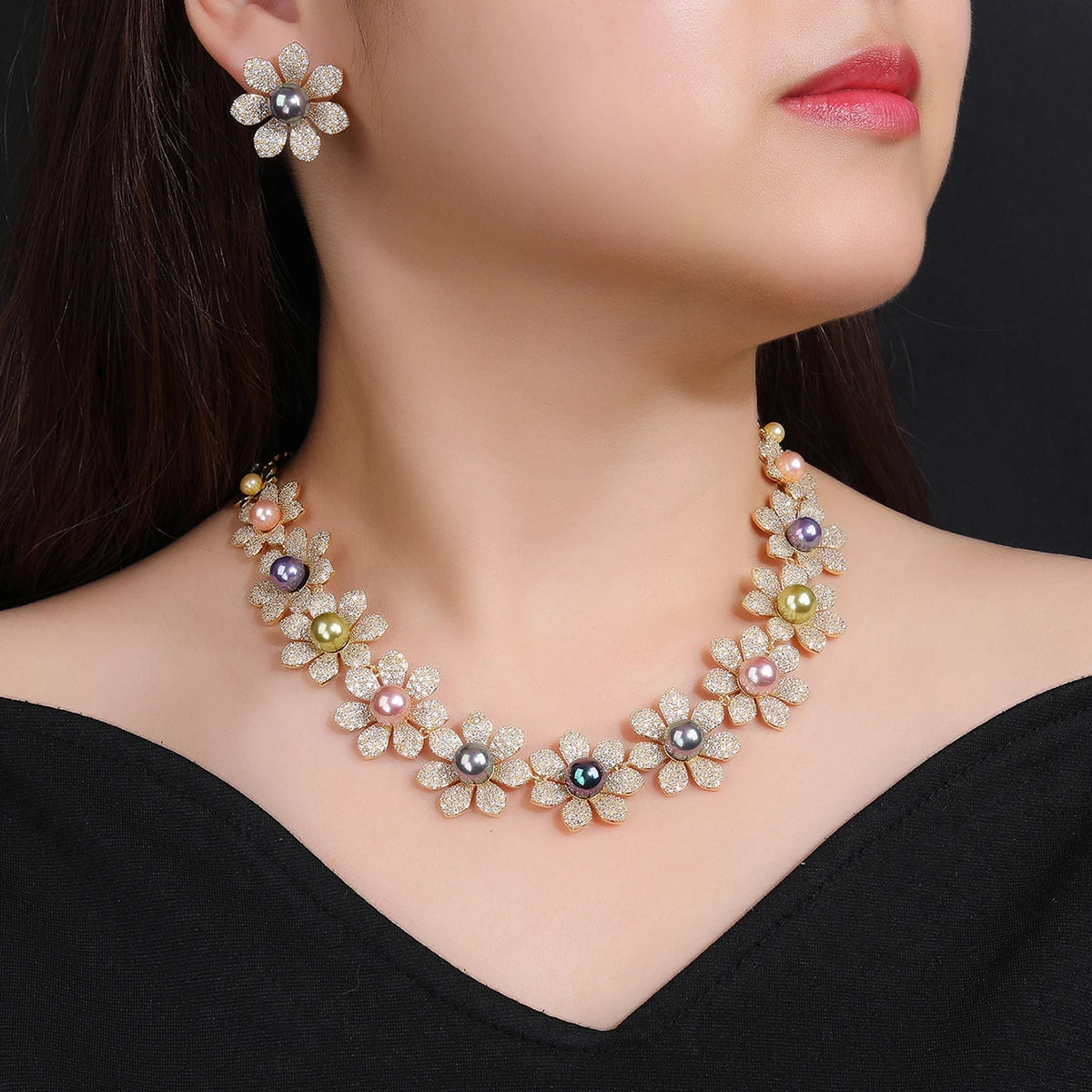 Luxury Cubic Zirconia Pearl Flower Necklace & Earrings Set - Bridal Wedding Jewelry for Women - Perfect for Weddings, Anniversaries & Special Occasions