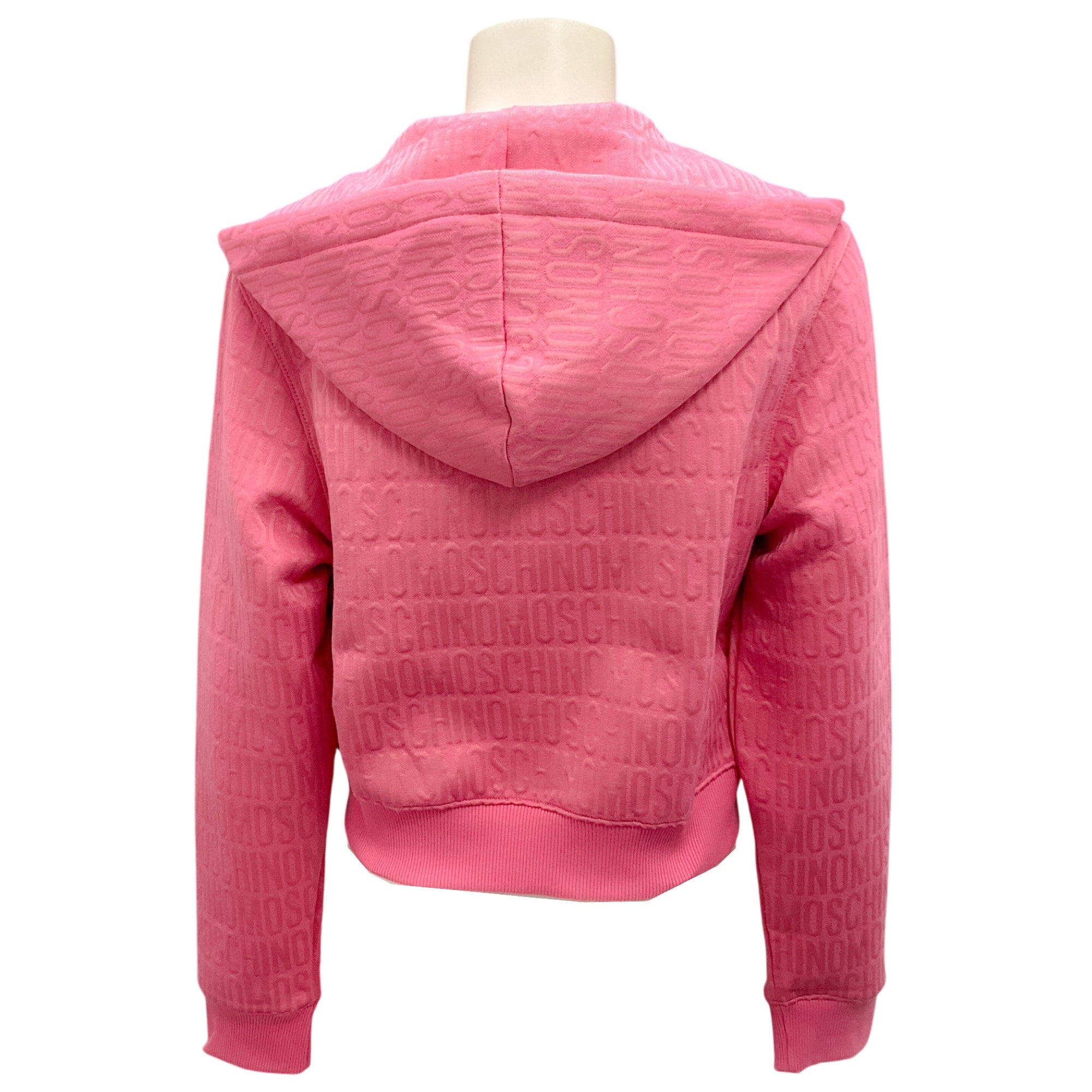 Moschino Couture Pink 2022 Allover Logo Printed Zipped Hoodie for Women - Fashion Streetwear & Casual Outfit - Perfect for Daily Wear, Gym, and Shopping