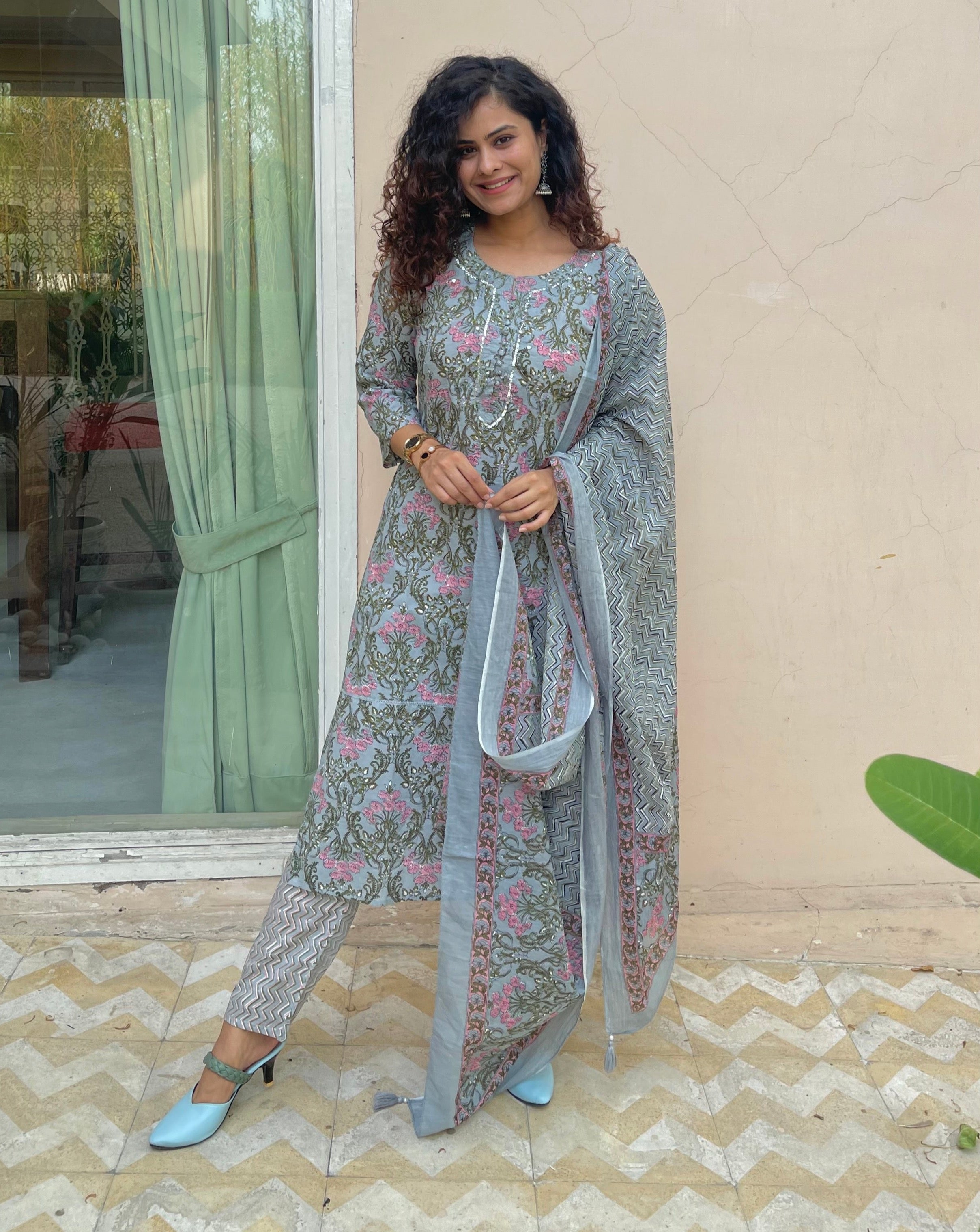 Elegant Pink and Grey Embroidered Dupatta Suit Set for Women | Traditional Indian Ethnic Wear | Perfect for Weddings, Festivals & Special Occasions