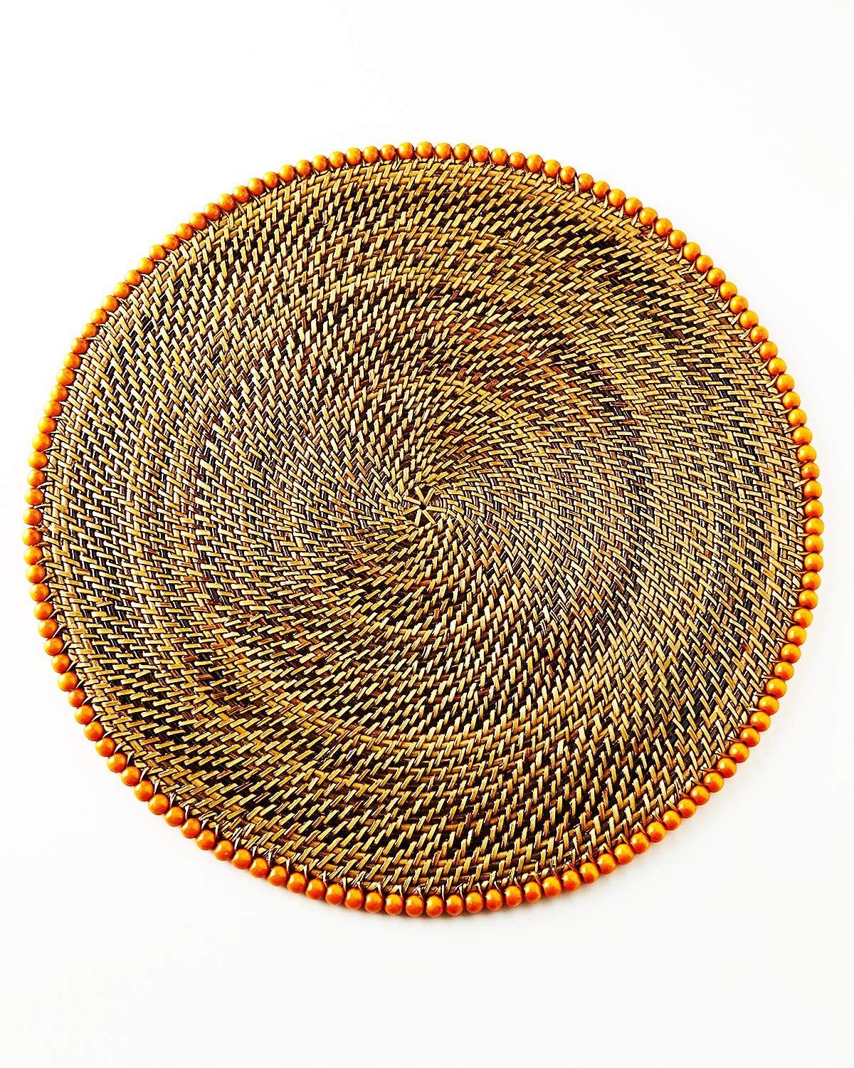 4-Pack Woven Round Bead-Rimmed Placemats - Orange Handmade Table Mats for Dining, Kitchen, Party Decor & Home Accessories
