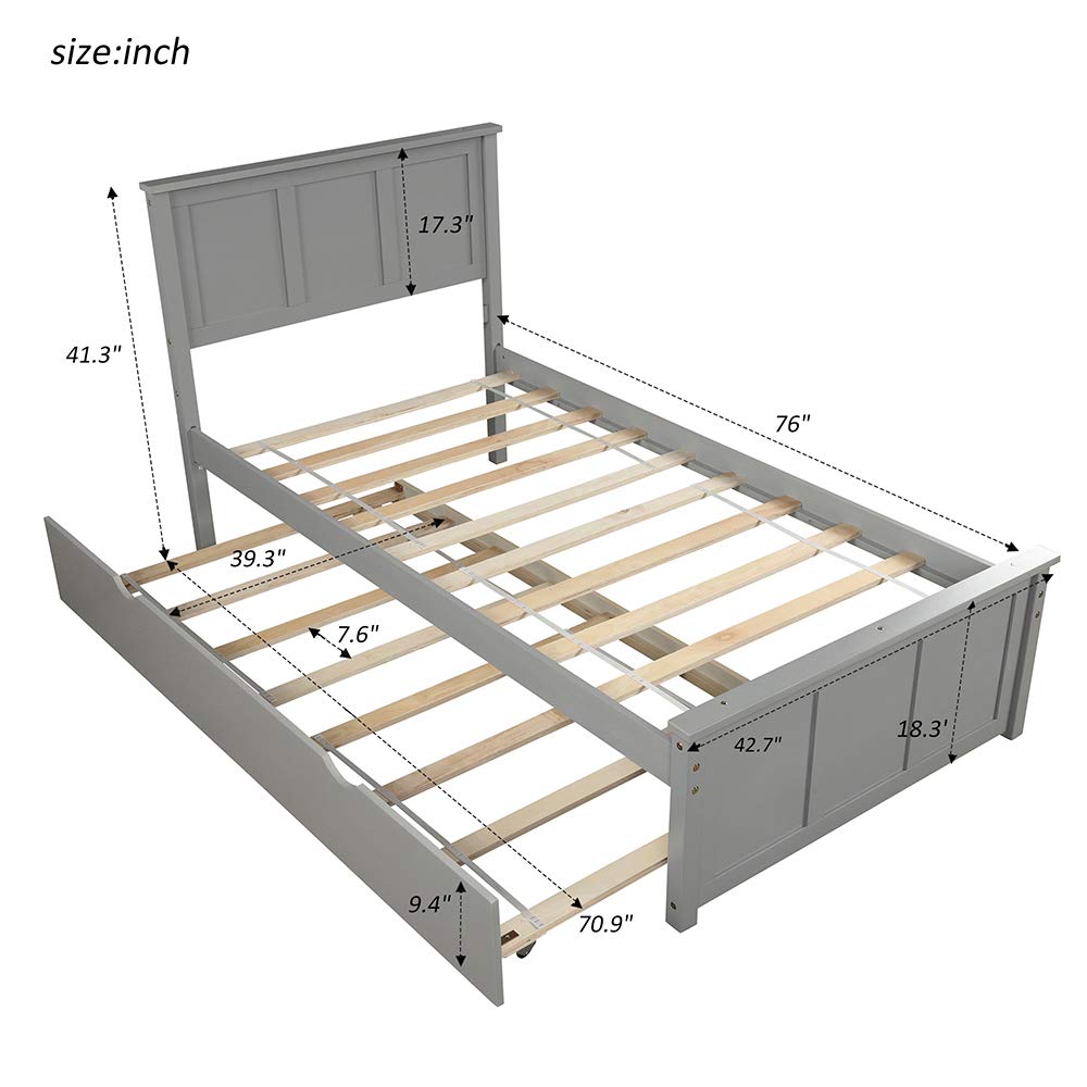 Harper & Bright Designs Solid Wood Twin Bed Frame with Pull-Out Trundle - No Box Spring Needed, Grey - Perfect for Kids' Bedroom, Guest Room & Space-Saving Solutions