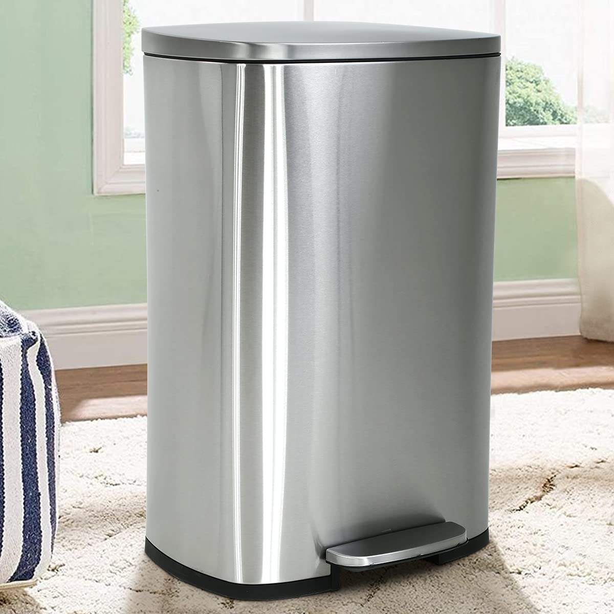 DKeli 13 Gallon Stainless Steel Step Trash Can with Soft Close Lid & Removable Inner Bucket - 50L Kitchen, Bathroom, Bedroom, Office Garbage Bin for Odor Control & Hands-Free Disposal