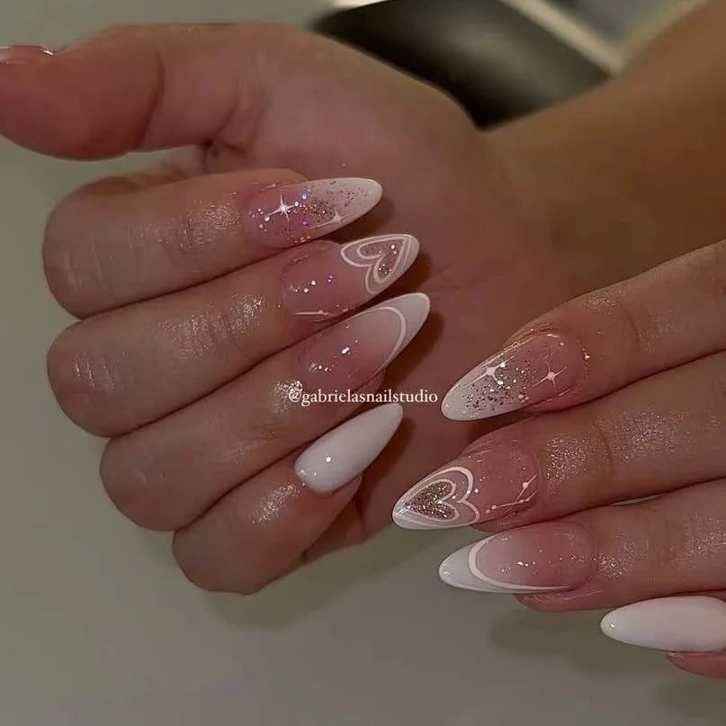 24Pcs Glitter Gradient Love Fake Nails - Short Almond French Design Press on Nails for Valentine's Day, Party, Wedding, Prom | Pink False Nails for Sweet Girls & Women | Easy to Apply, Reusable Artificial Nails
