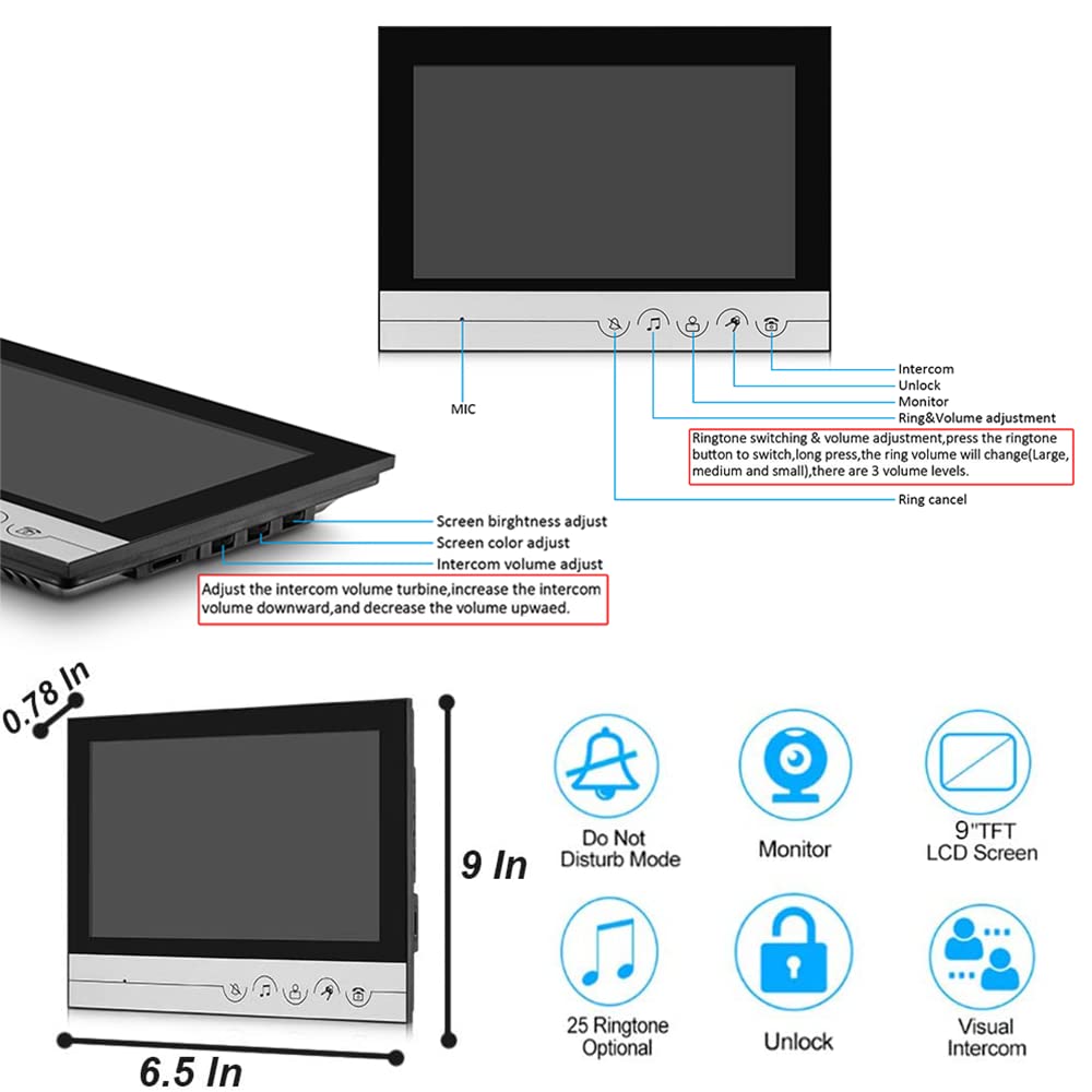 9 Inch Wired Video Intercom System with Camera & Monitor - Smart Doorbell with Unlocking, Monitoring & 2-Way Talk for Villa, Home, Office & Apartment Security - Perfect for Front Door, Gate & Building Entry Access Control