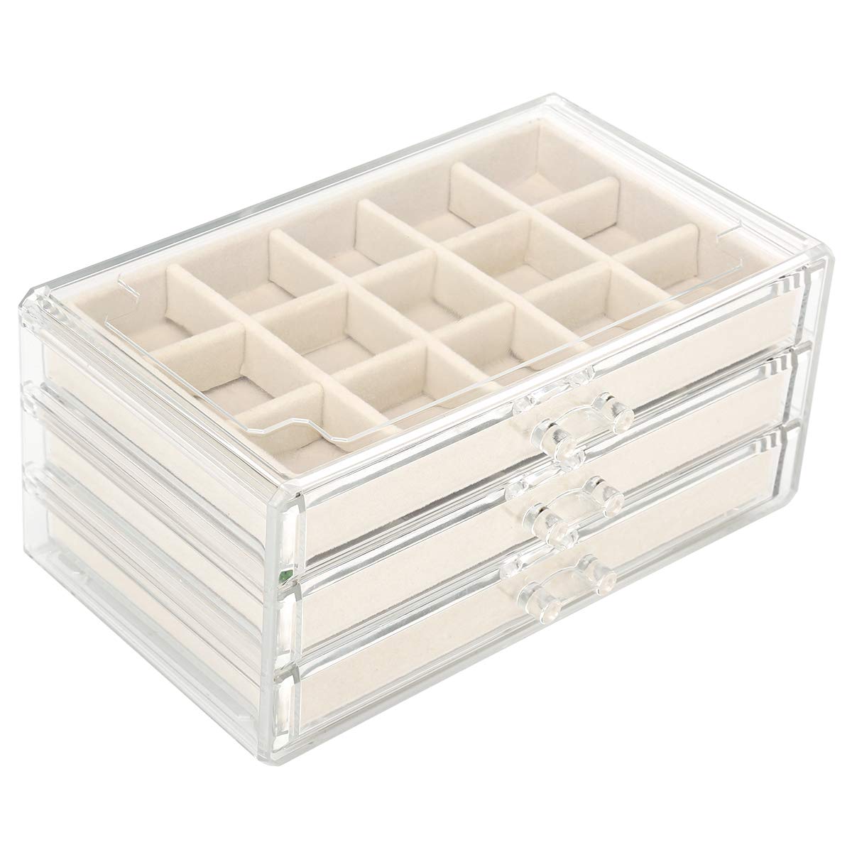 Acrylic Jewelry Organizer Box with 3 Drawers & Adjustable Velvet Trays - Clear Cosmetic Storage Case for Earrings, Rings & Makeup | Perfect for Vanity, Travel & Gift Giving