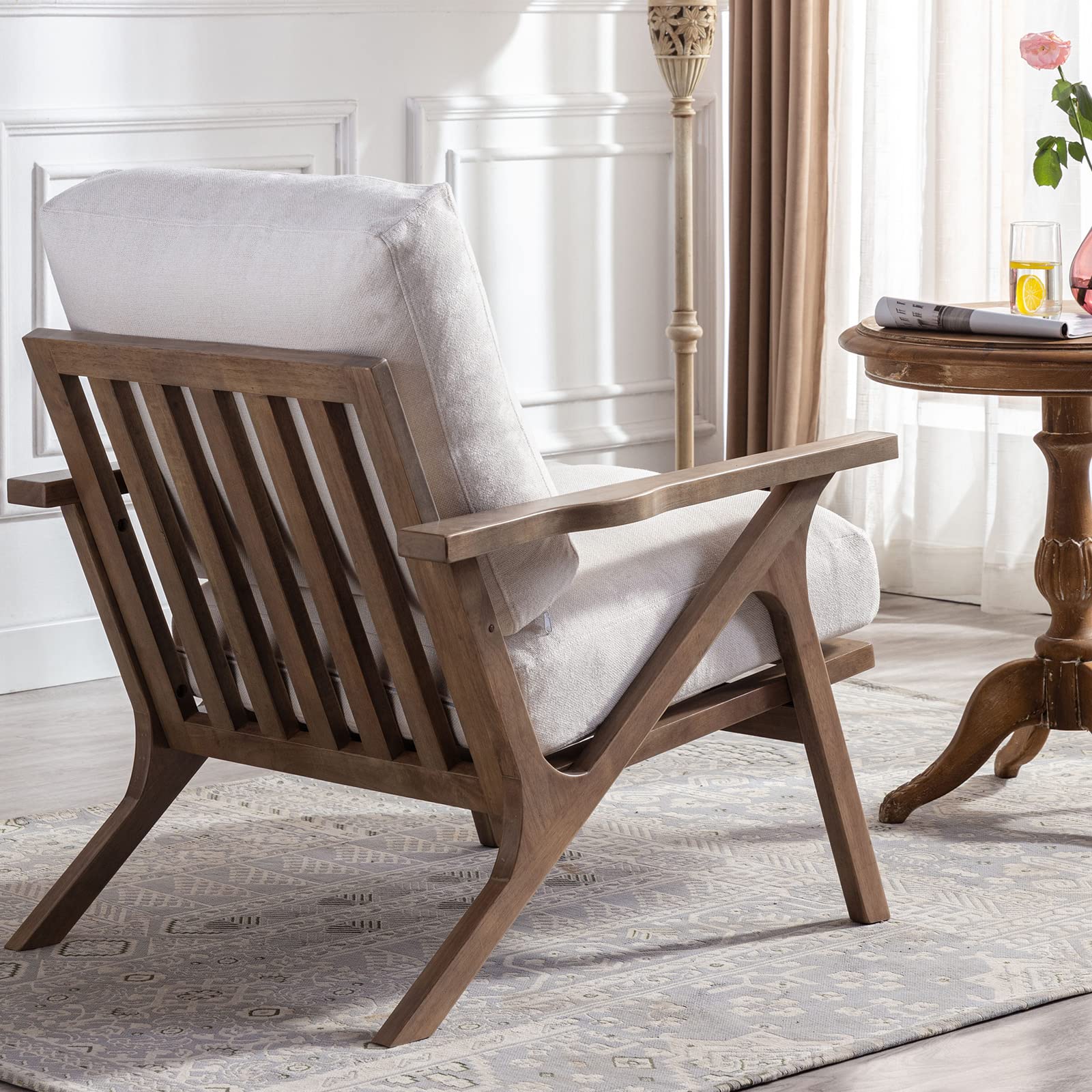 Guyou Mid Century Modern Accent Chairs Set of 2 - Wooden Lounge Armchairs with Detachable Upholstered Cushions, Retro Style Living Room Sofa Chairs for Bedroom, Reading Nook & Office (White) - Perfect for Relaxing, Entertaining & Home Decor
