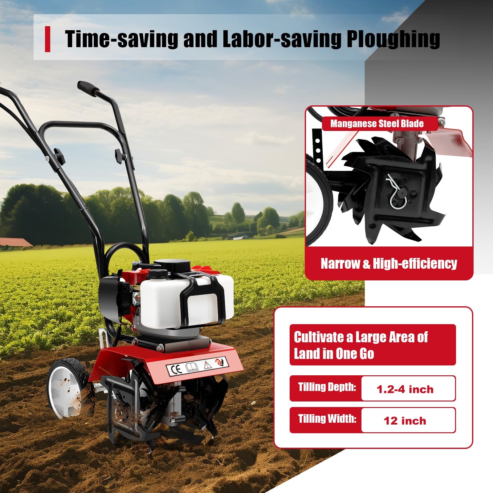 2HP 52CC 2-Stroke Gasoline Garden Tiller Cultivator - Mini Rototiller for Soil Tilling, Weeding & Aeration | Perfect for Home Gardens, Yards & Small Farms | Durable Rotary Hoe for Efficient Land Preparation
